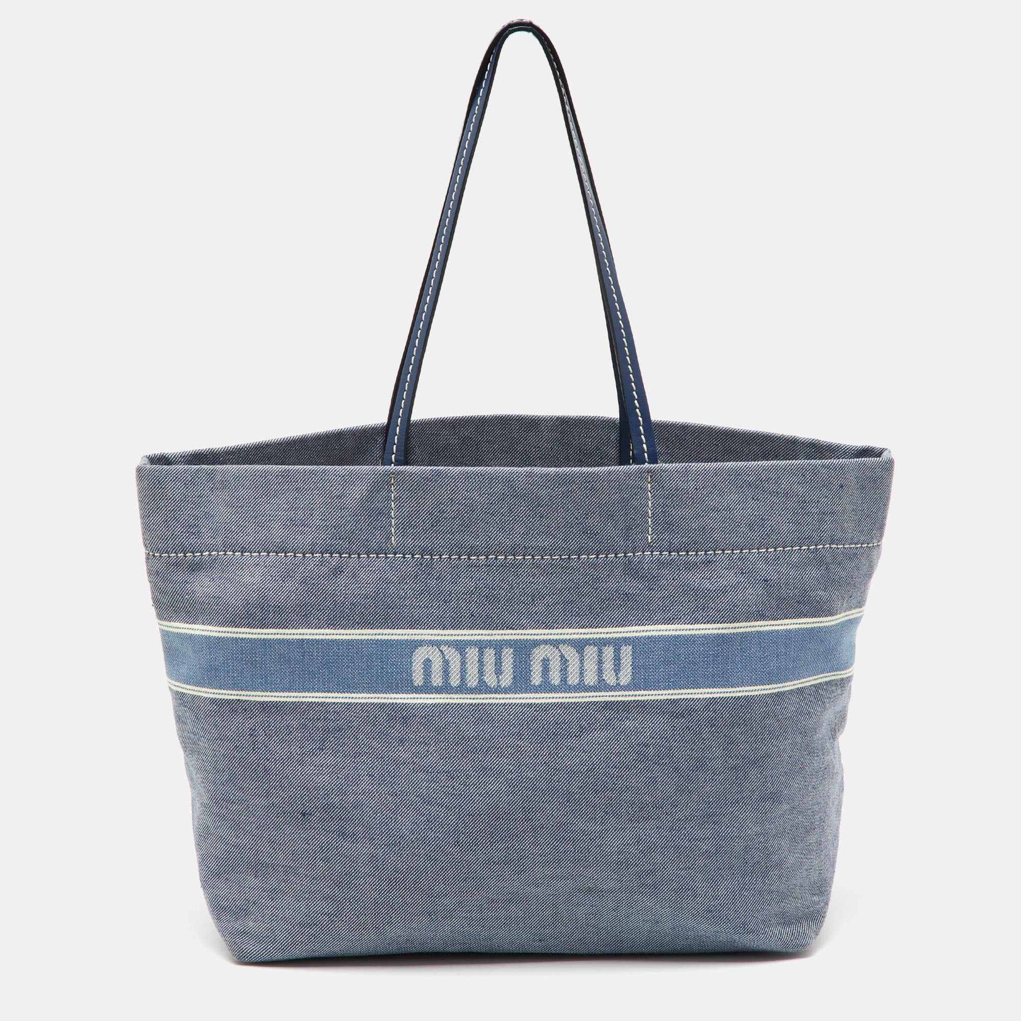 Pre Owned Miu Miu Blue Denim and Leather Logo Shopper Tote