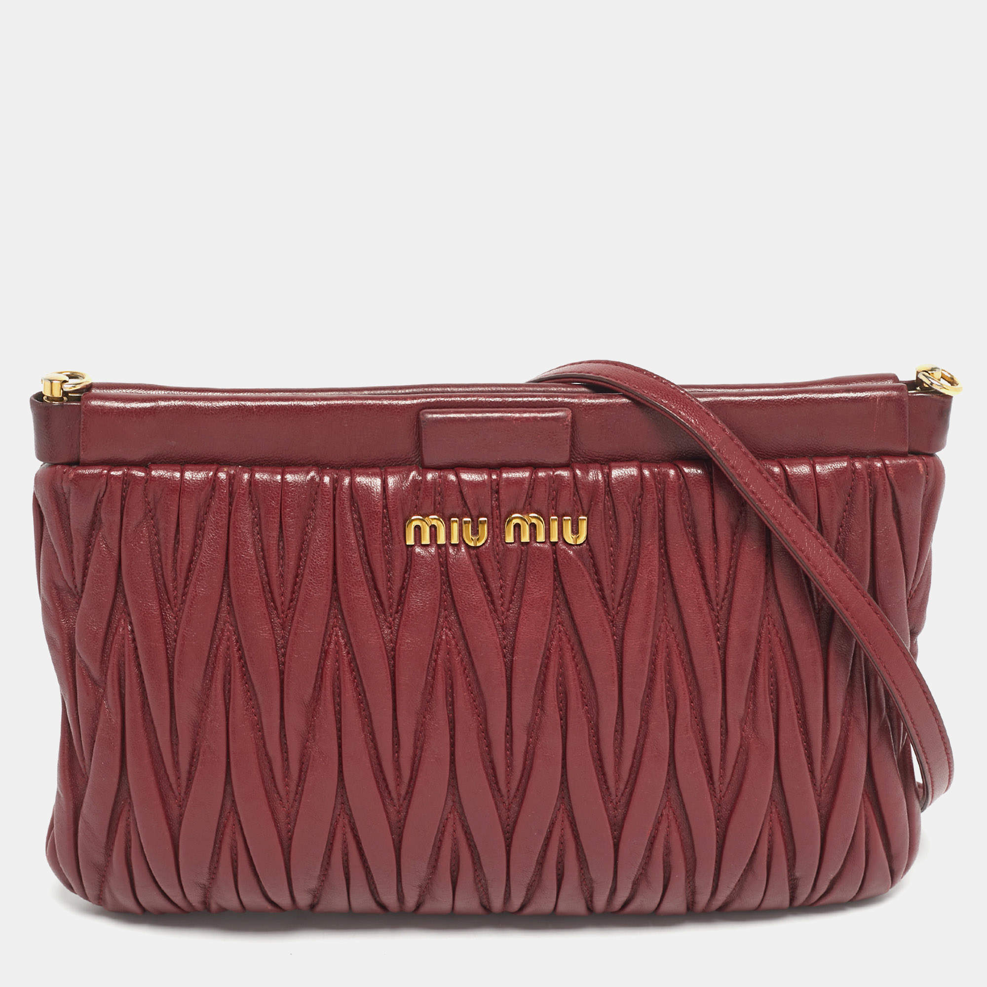 Pre Owned Miu Miu Red Matelasse Leather Frame Crossbody Bag