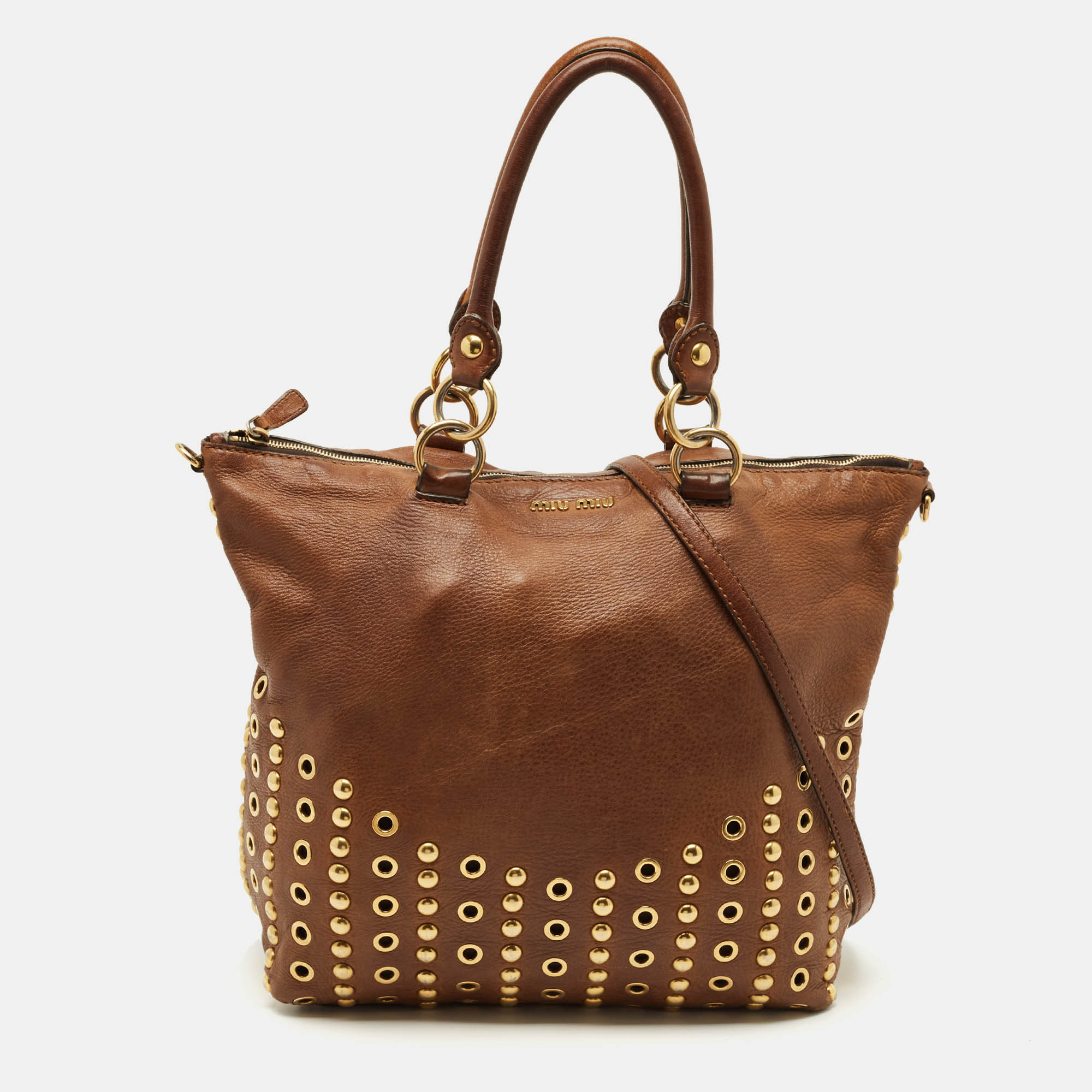Pre Owned Miu Miu Brown Leather Grommet and Studded Tote