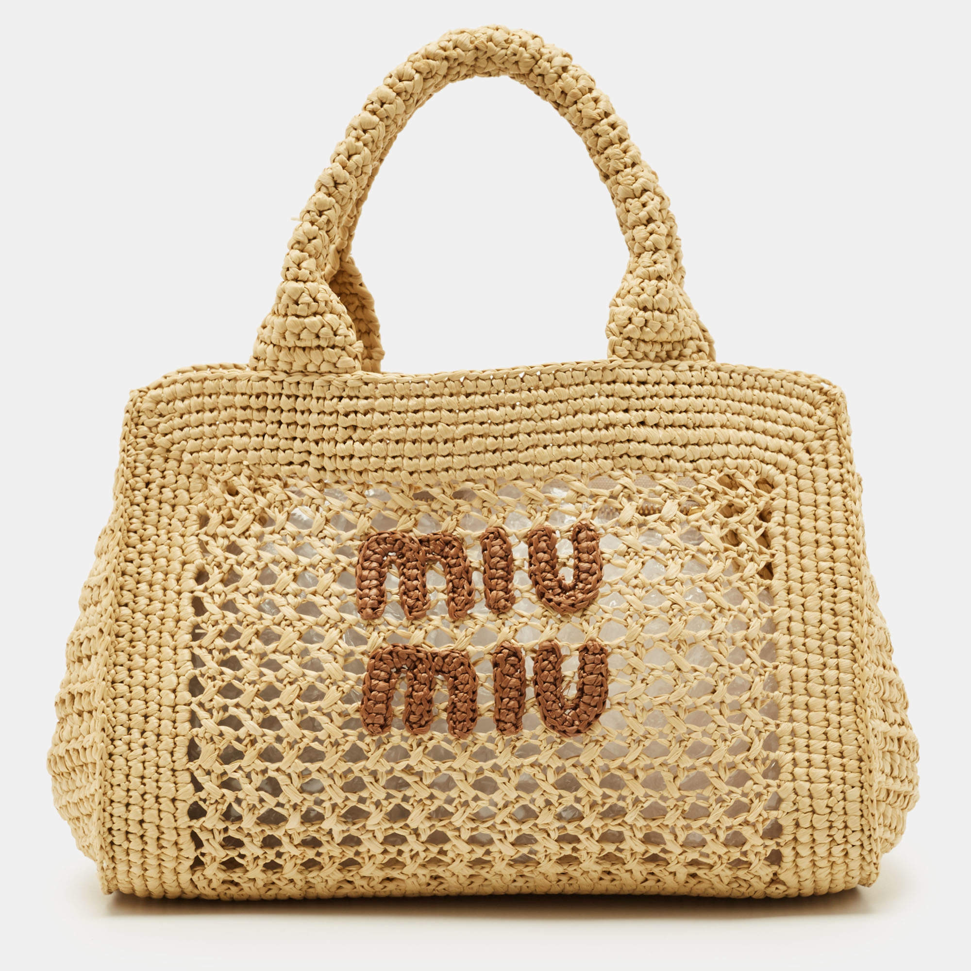 Pre Owned Miu Miu Beige/Brown Woven Raffia Tote
