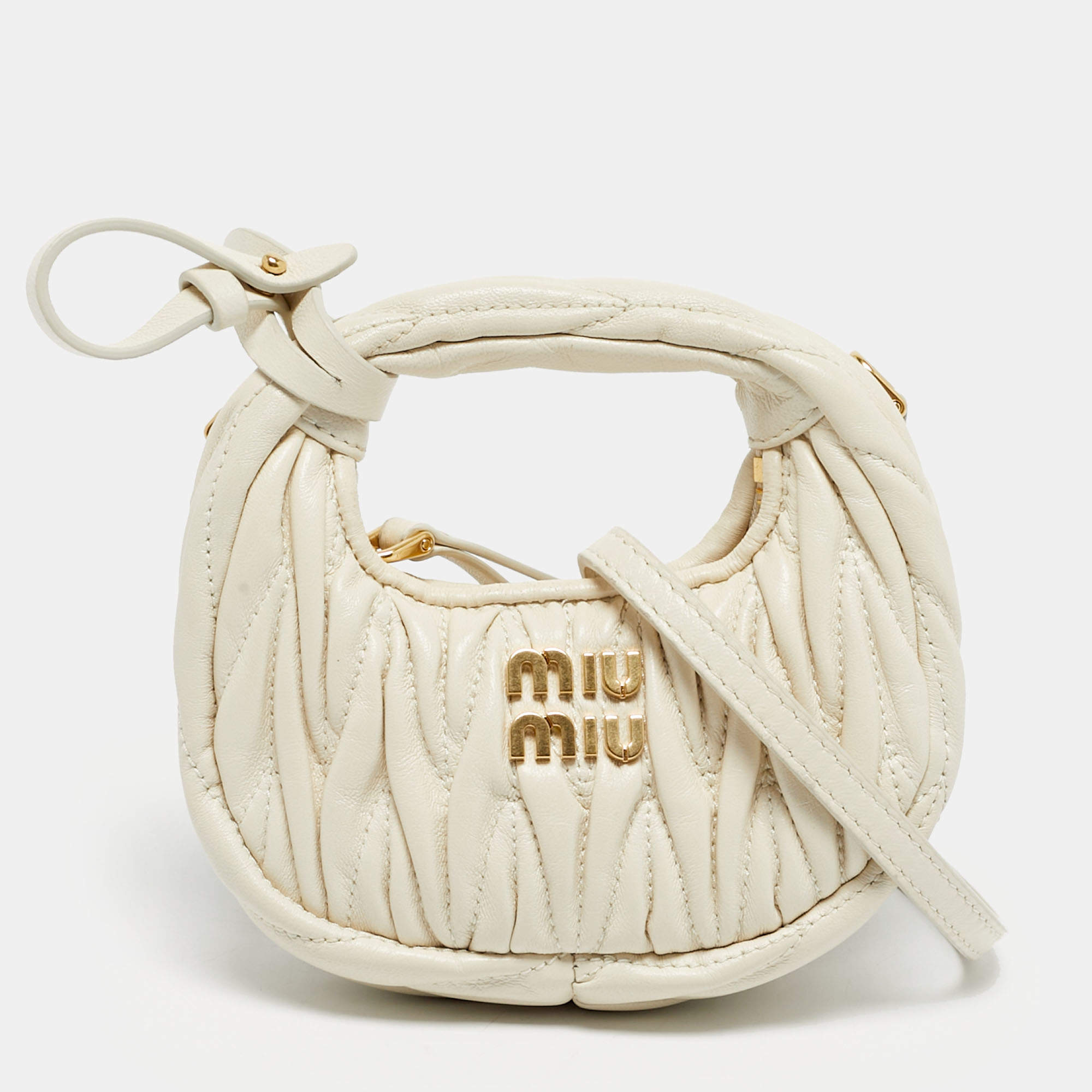 Pre Owned Miu Miu White Matelassé Leather Micro Wander Hobo