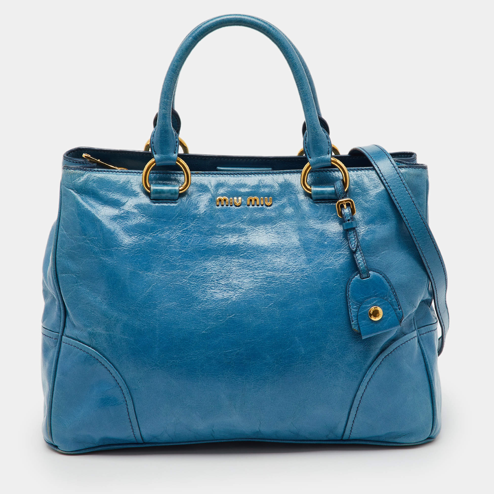 Pre Owned Miu Miu Blue Vitello Shine Leather Double Zip Tote