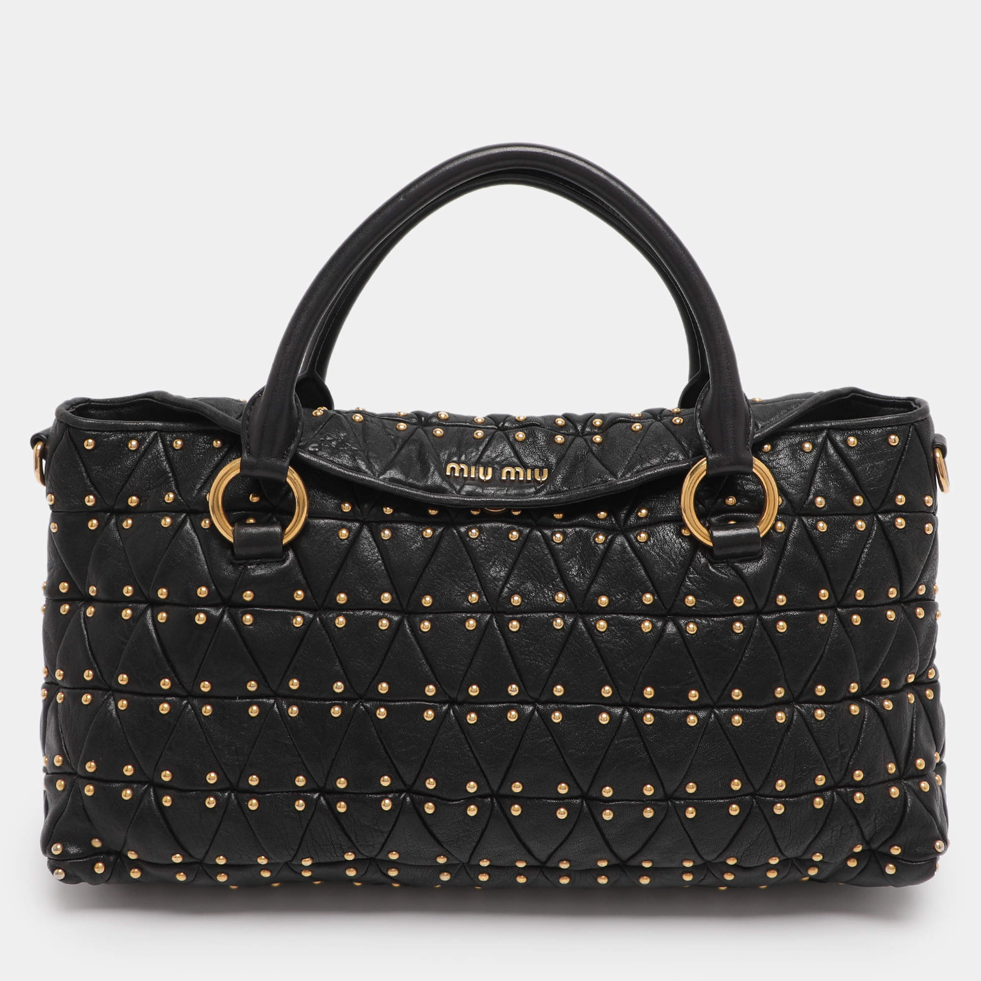 Pre Owned Miu Miu Black Leather Embellished Tote