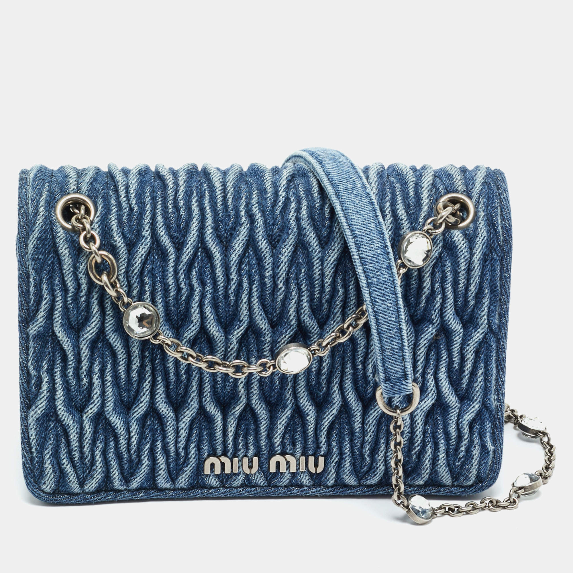 Pre Owned Miu Miu Blue Matelassé Denim Crystals Chain Bag