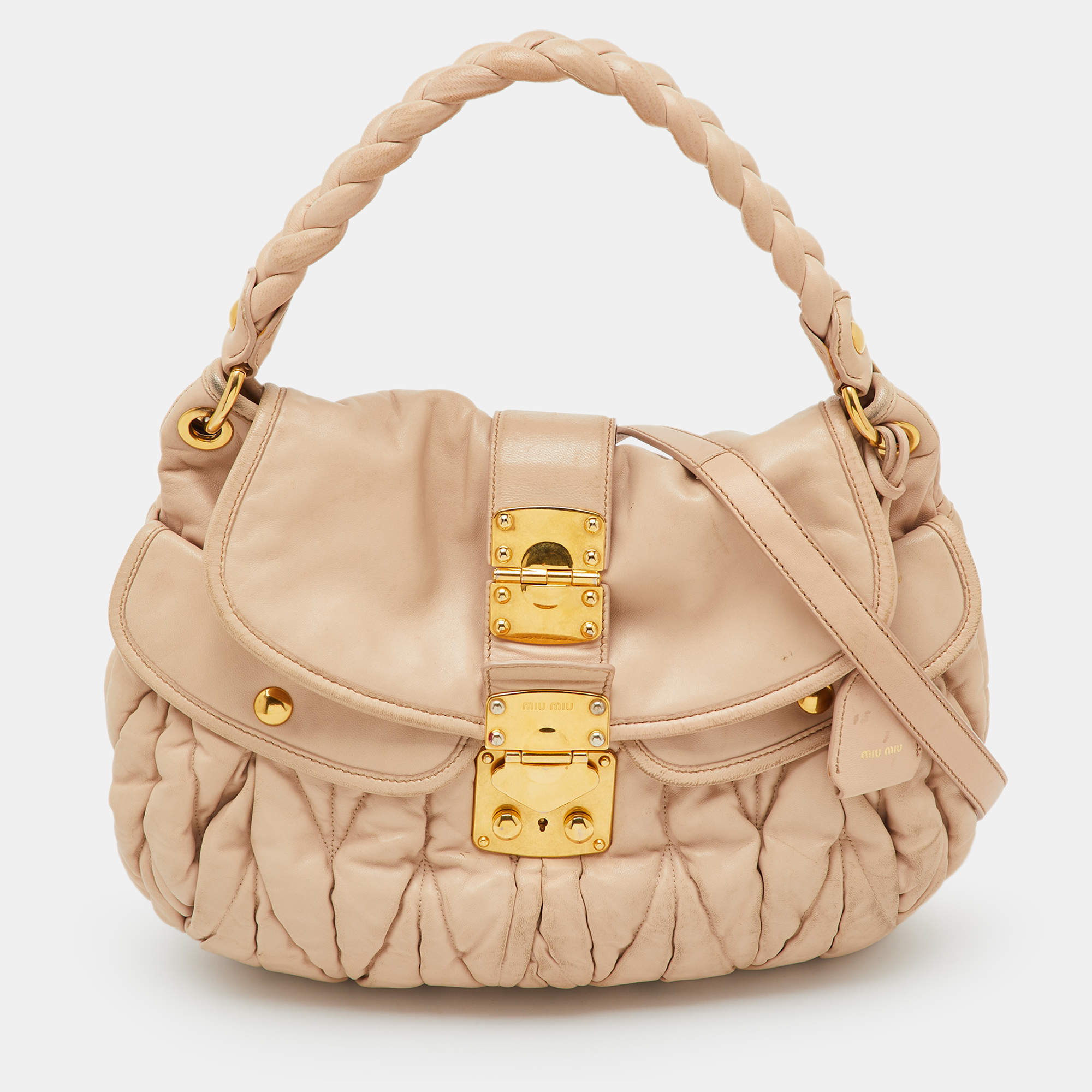 Pre Owned Miu Miu Light Beige Matelasse Lux Leather Small Coffer Hobo