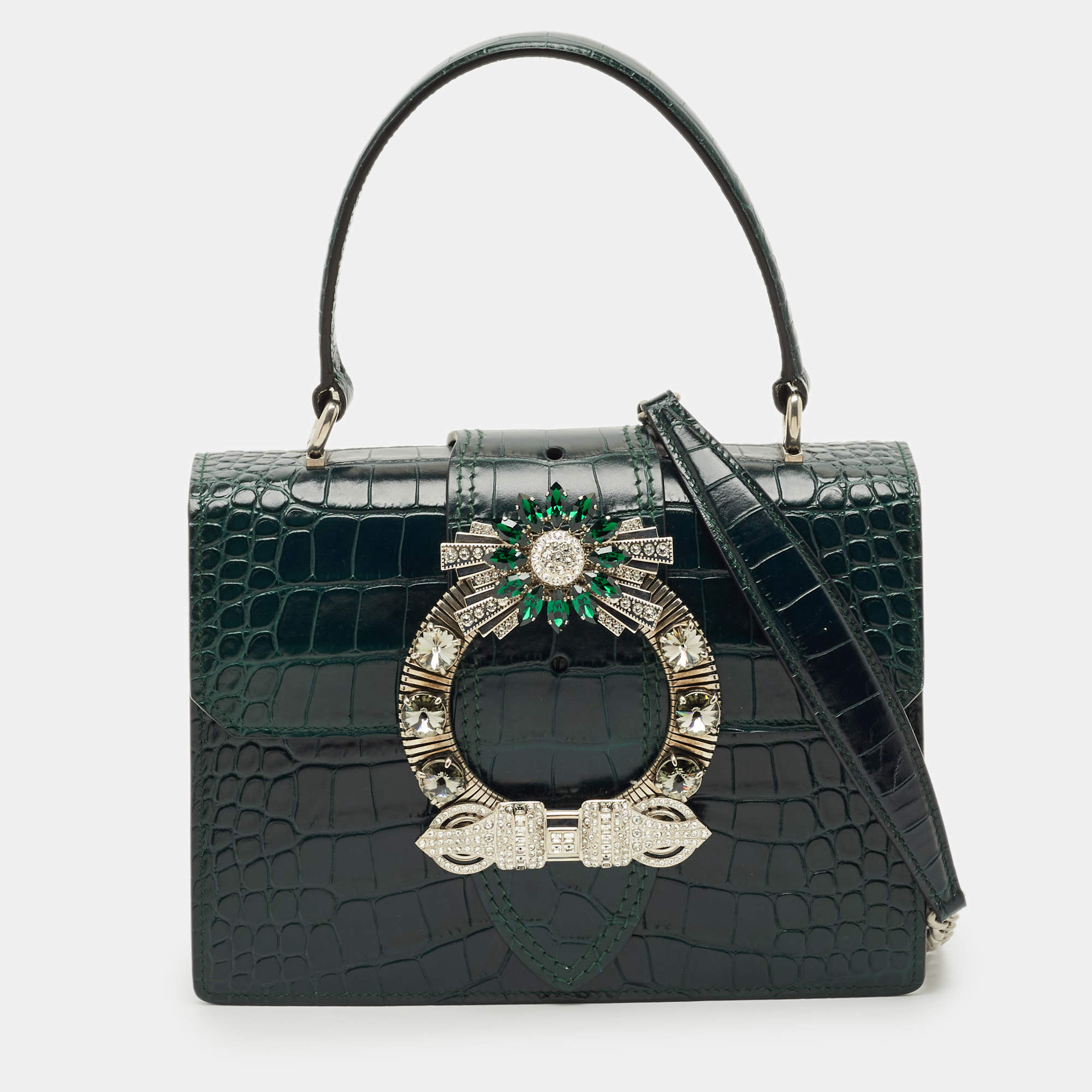 Pre Owned Miu Miu Dark Green Croc Embossed Leather Crystals Embellished Buckle Flap Top Handle Bag