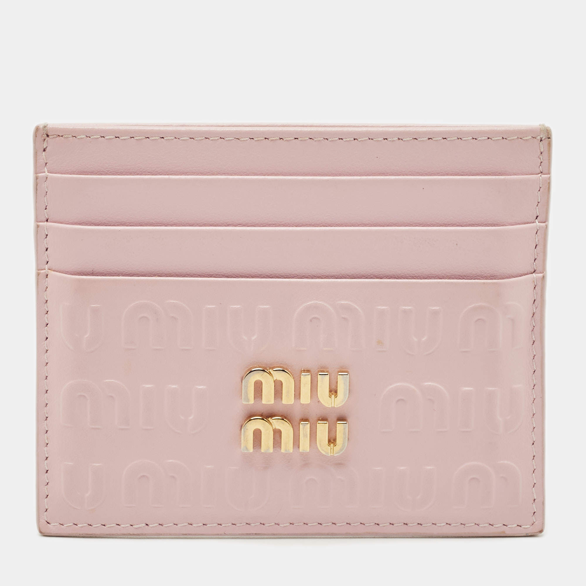 Pre Owned Miu Miu Pink Monogram Embossed Leather Logo Card Holder