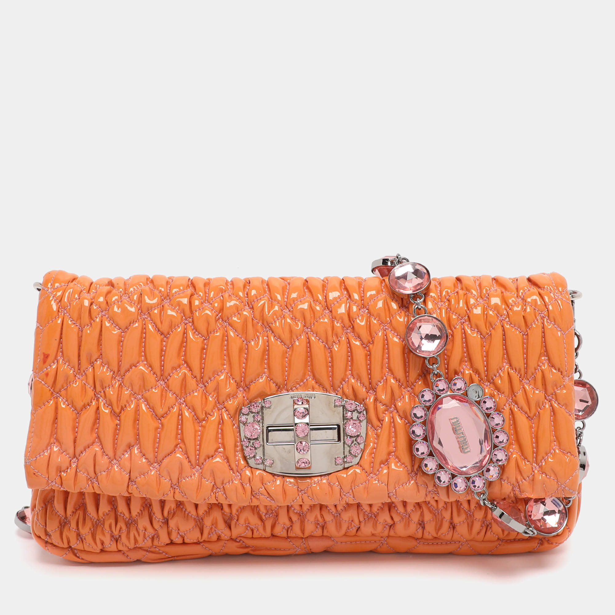 Pre Owned Miu Miu Orange Matelasse Leather Crystal Flap Shoulder Bag