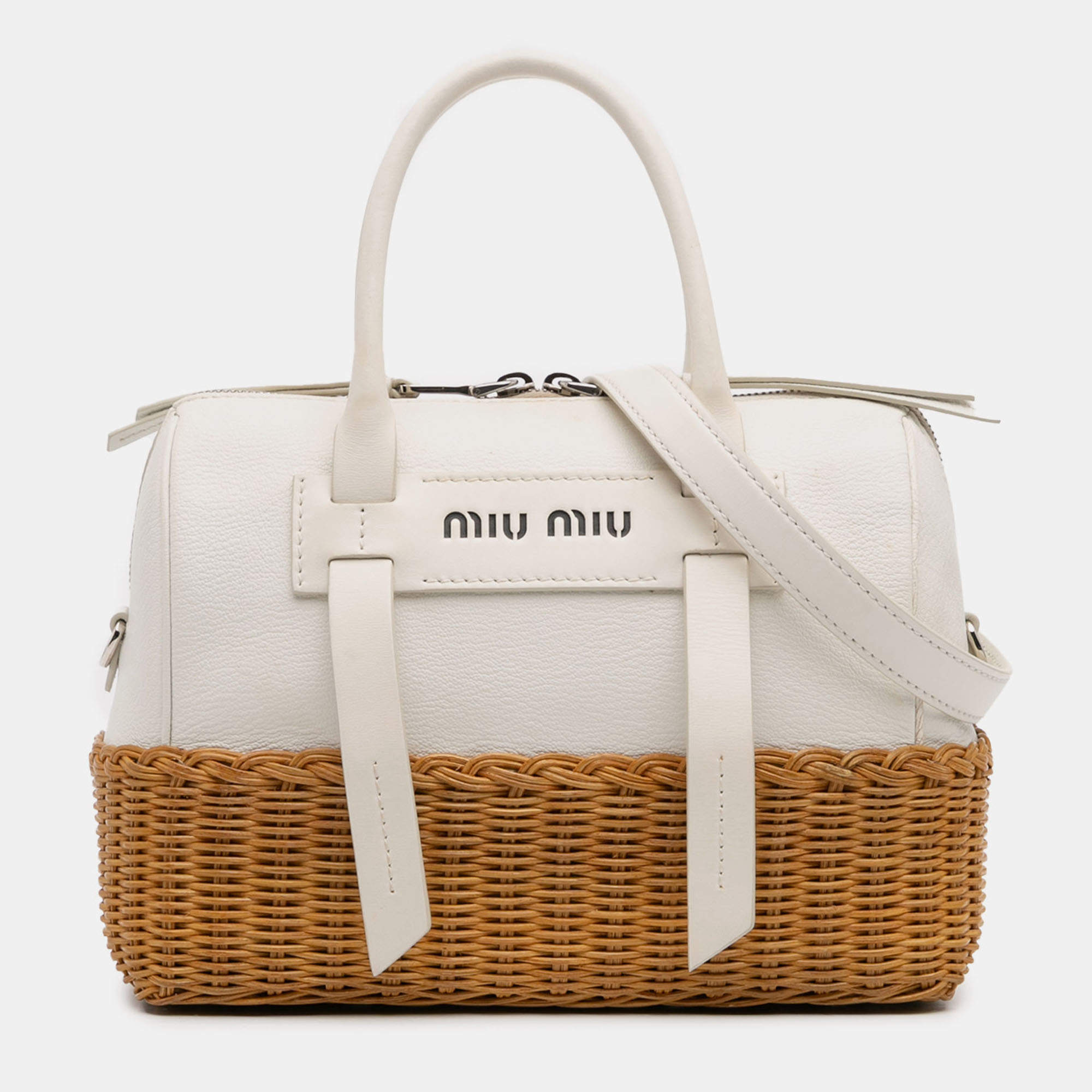 Pre Owned Miu Miu Brown White Wicker Trimmed Leather Top Handle Bag