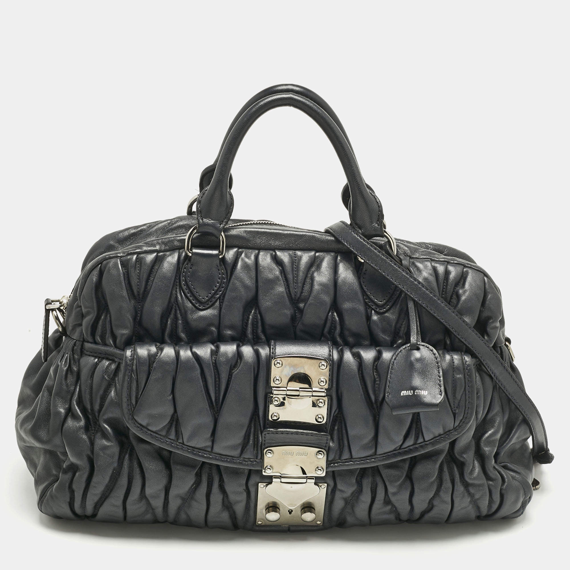 Pre Owned Miu Miu Black Matelasse Leather Pocket Satchel