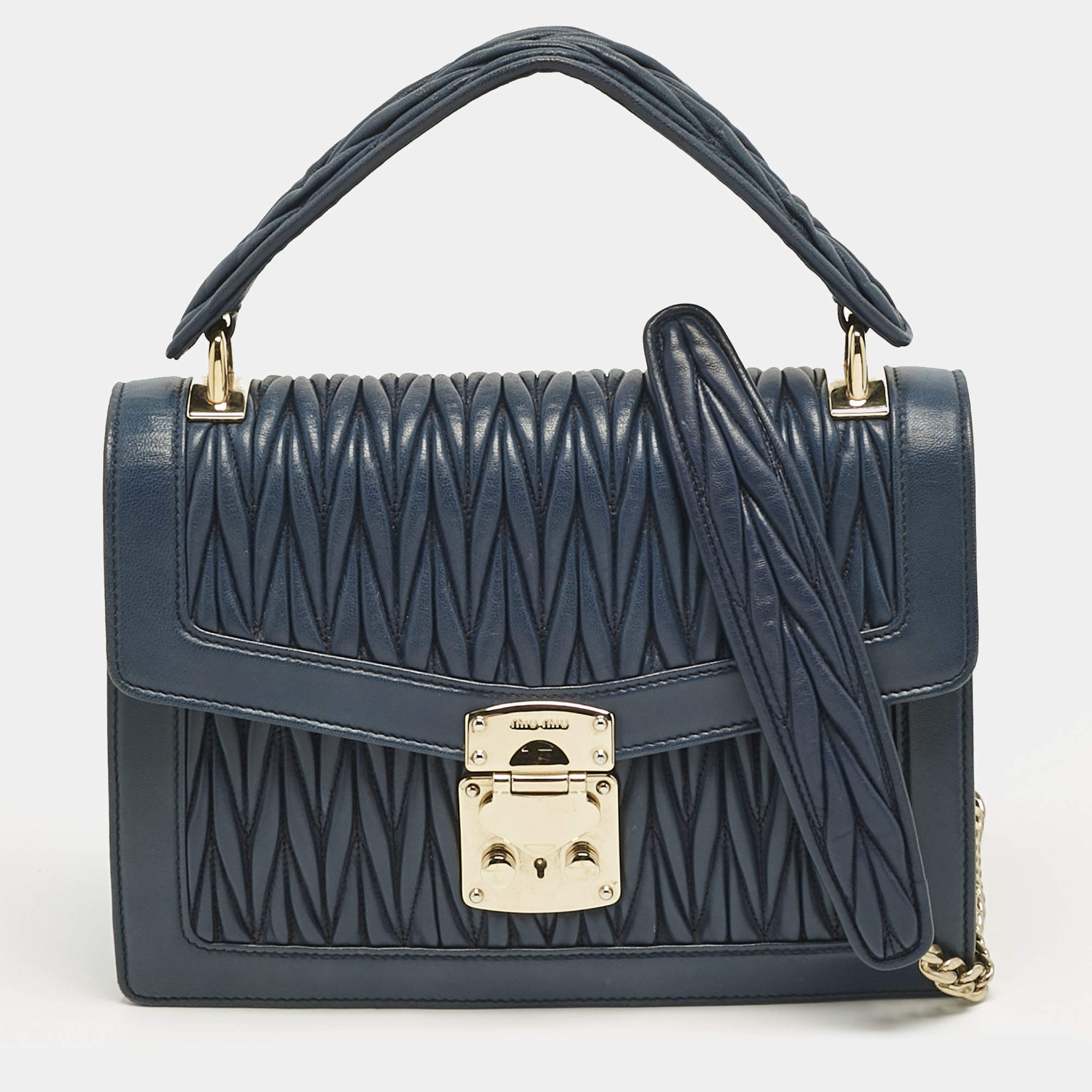Pre Owned Miu Miu Navy Blue Matelassé Leather Pushlock Flap Top Handle Bag