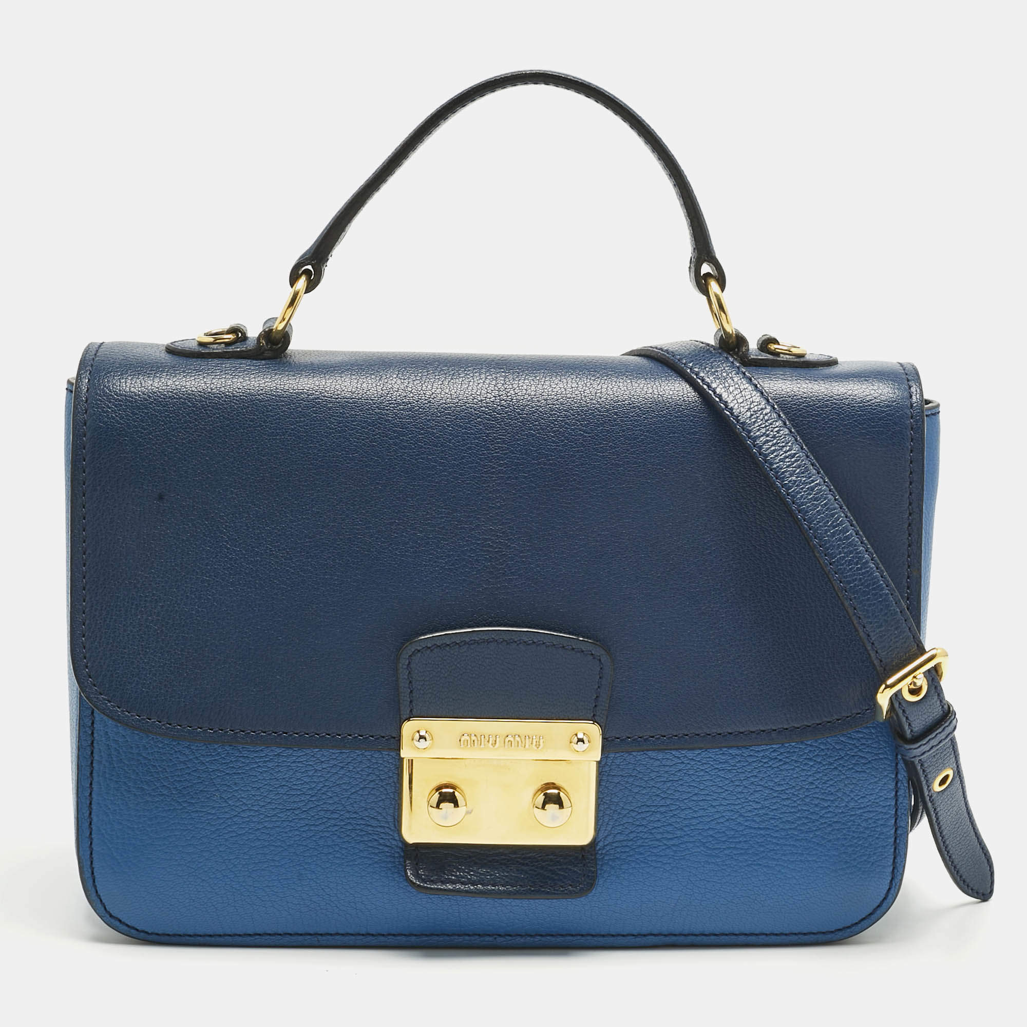 Pre Owned Miu Miu Two Tone Blue Madras Leather Push Lock Flap Top Handle Bag