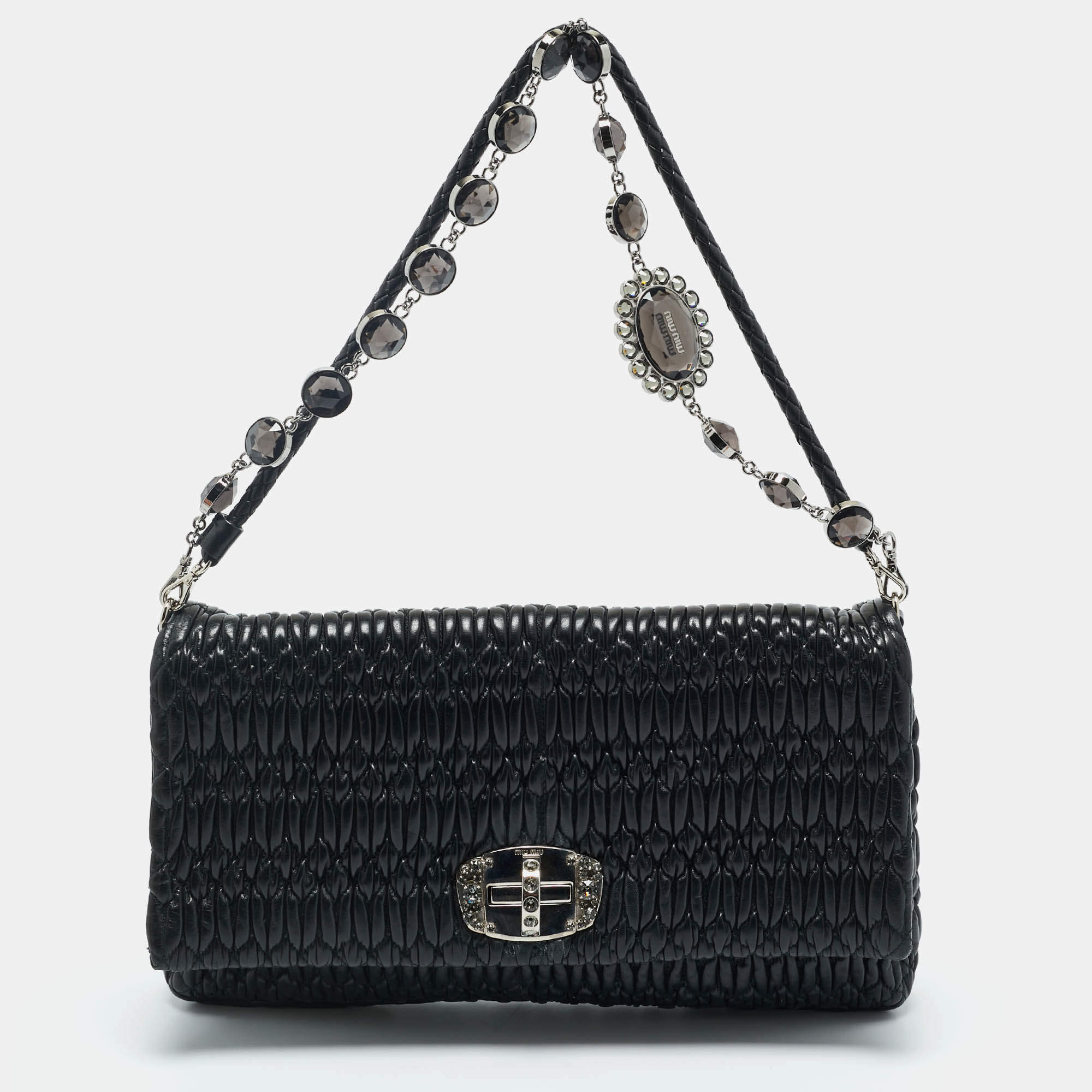 Pre Owned Miu Miu Black Matelassé Leather Crystals Chain Shoulder Bag