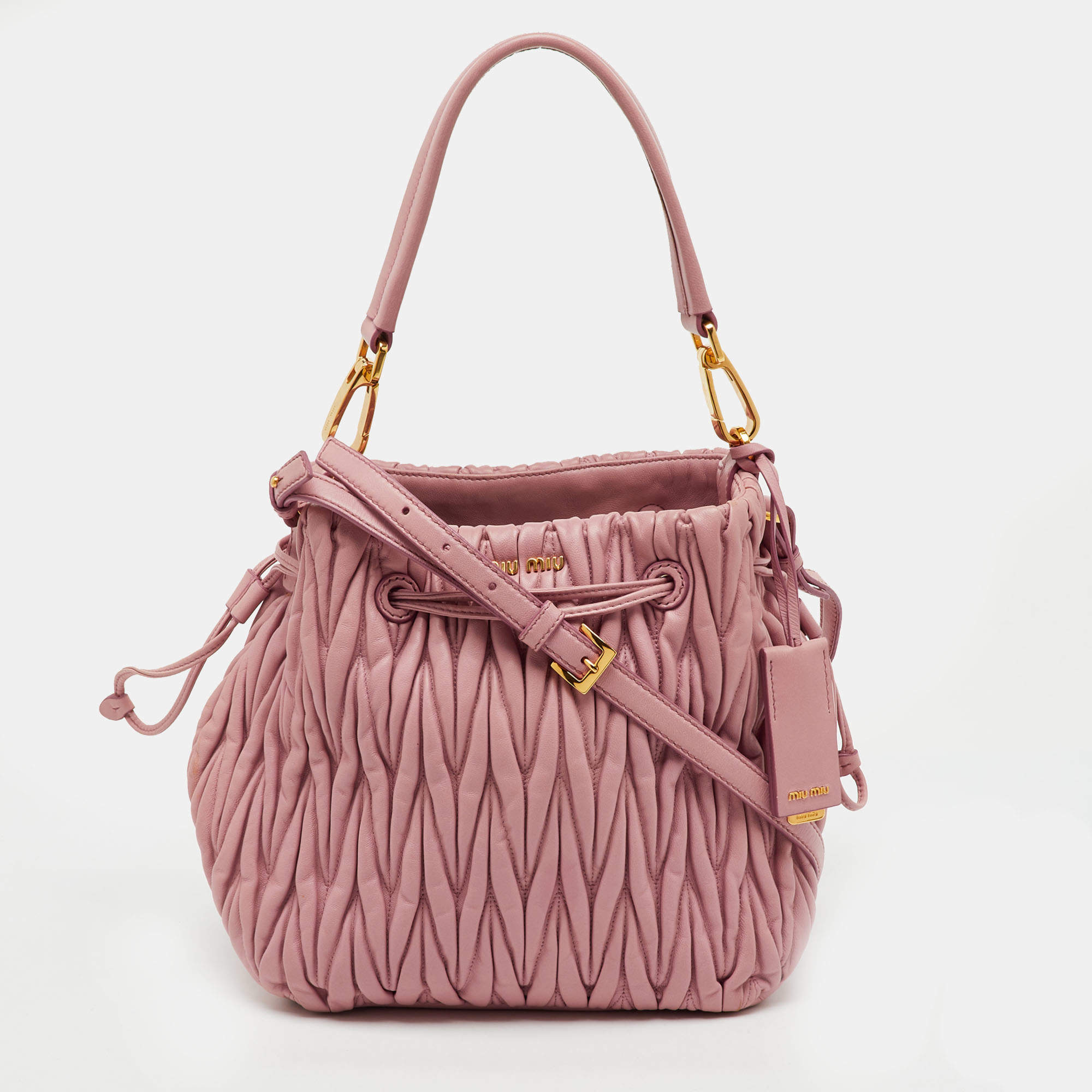 Pre Owned Miu Miu Rose Pink Matelassé Leather Bucket Bag