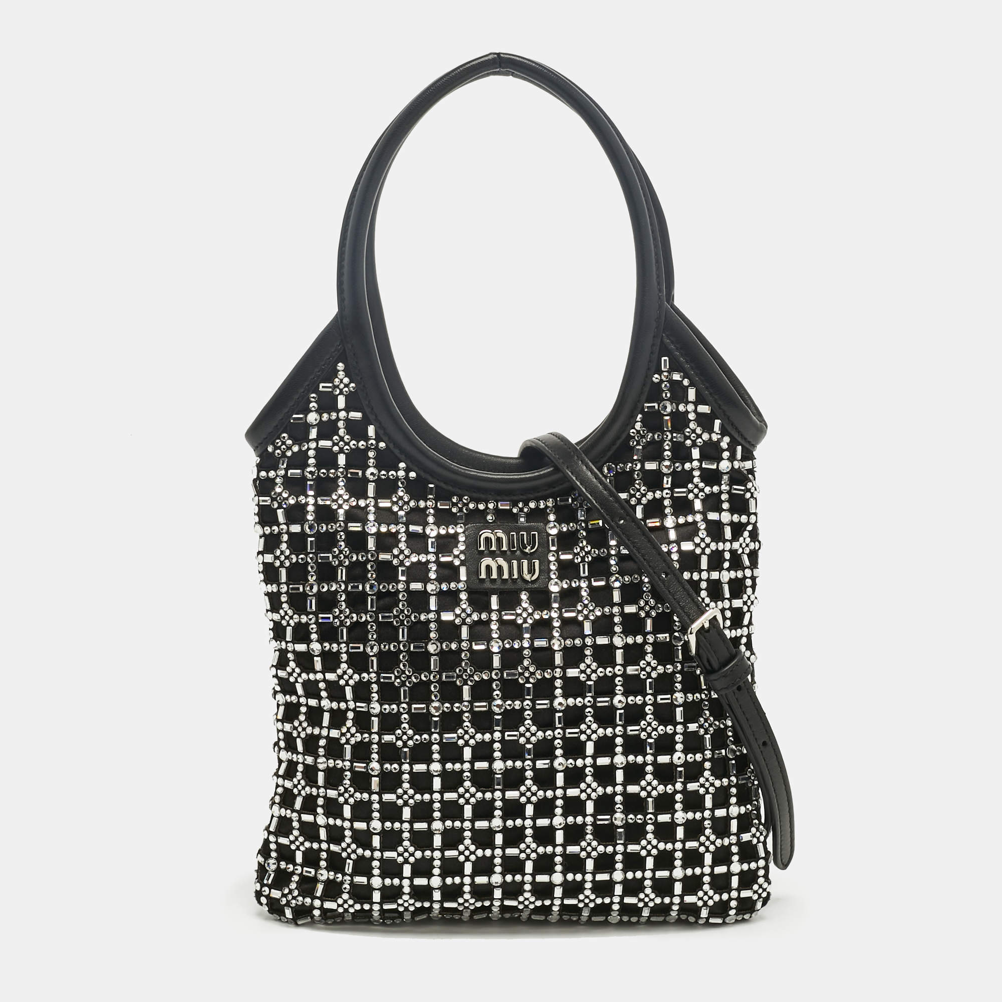 Pre Owned Miu Miu Black Leather and Satin Crystal Embellished Tote