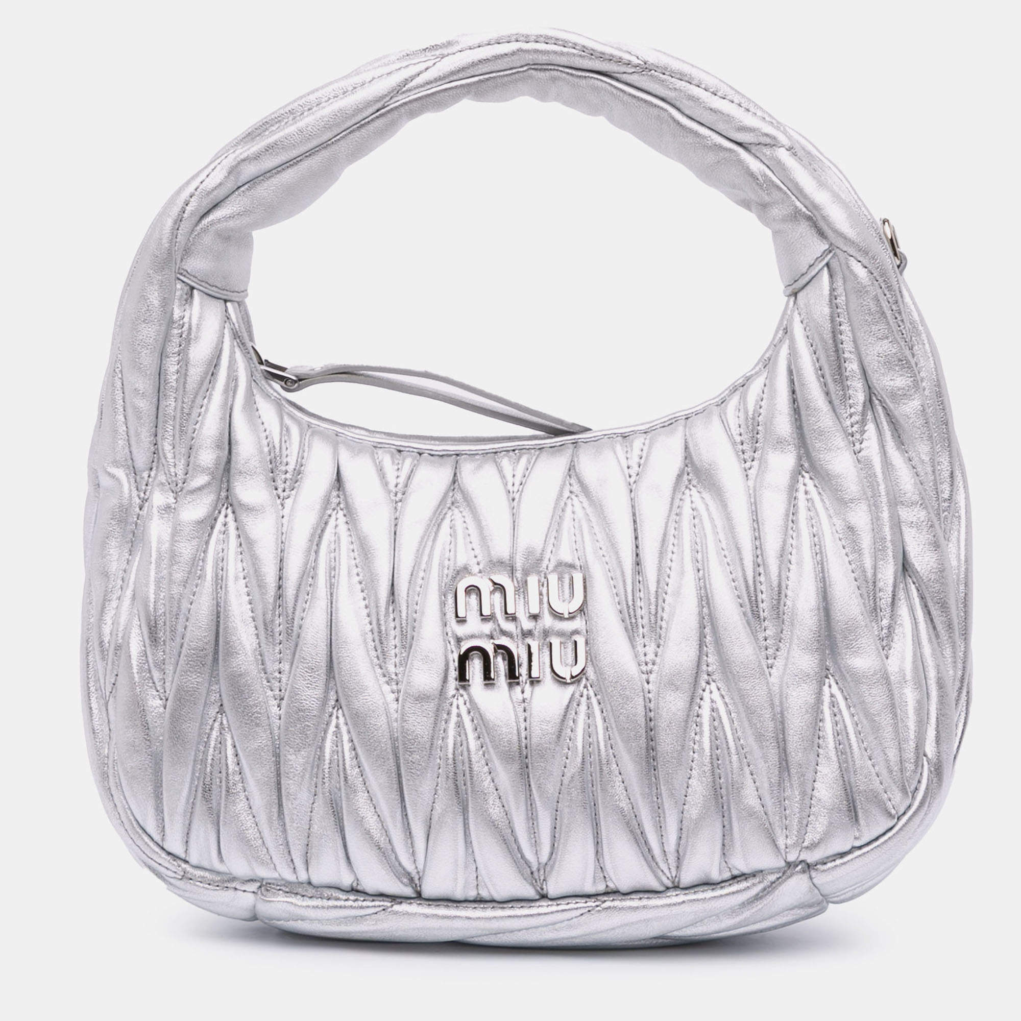 Pre Owned Miu Miu Silver Mini Matelasse Metallic Nappa Wander Bag