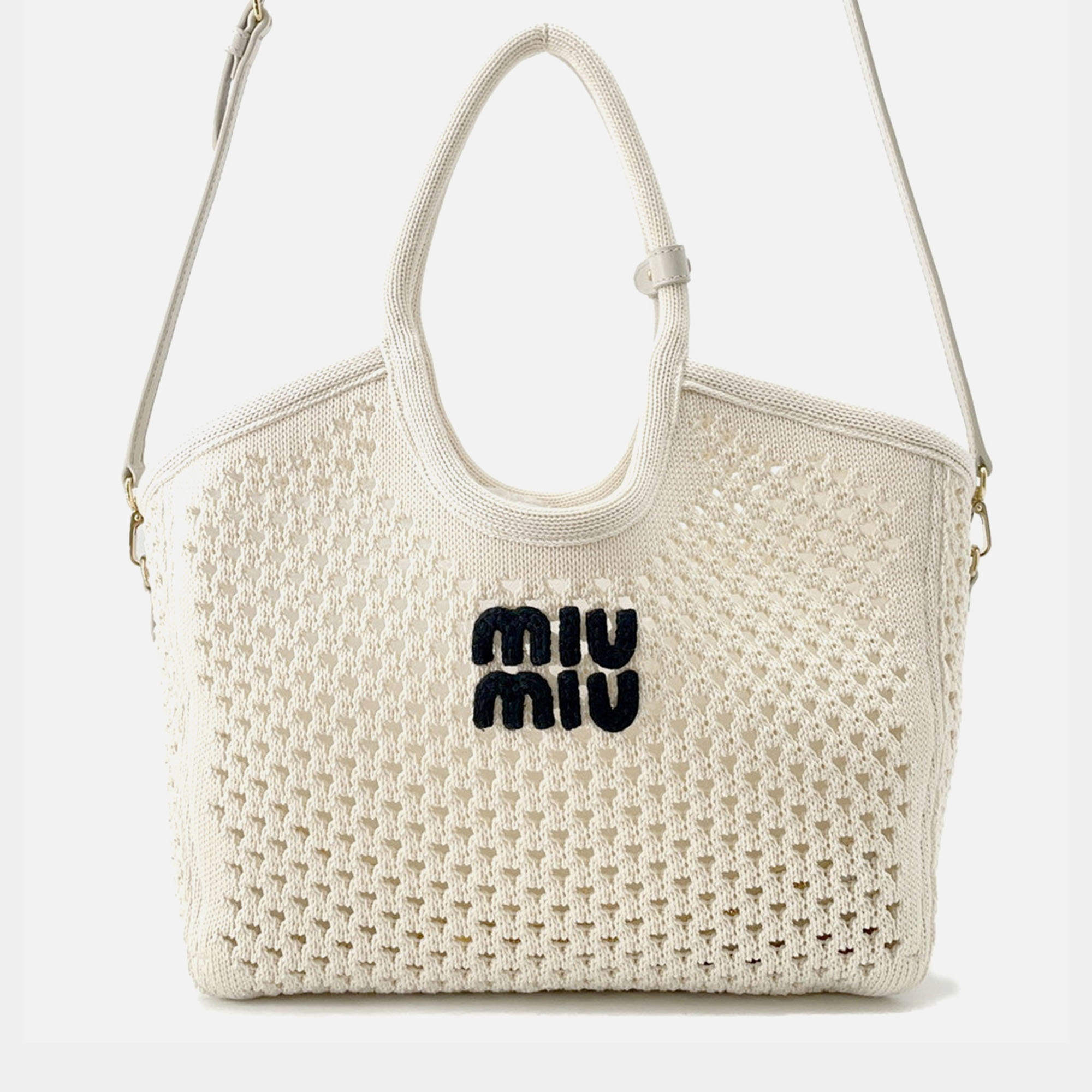 Pre Owned Miumiu Ivy Logo Tote White/Black Cotton100%