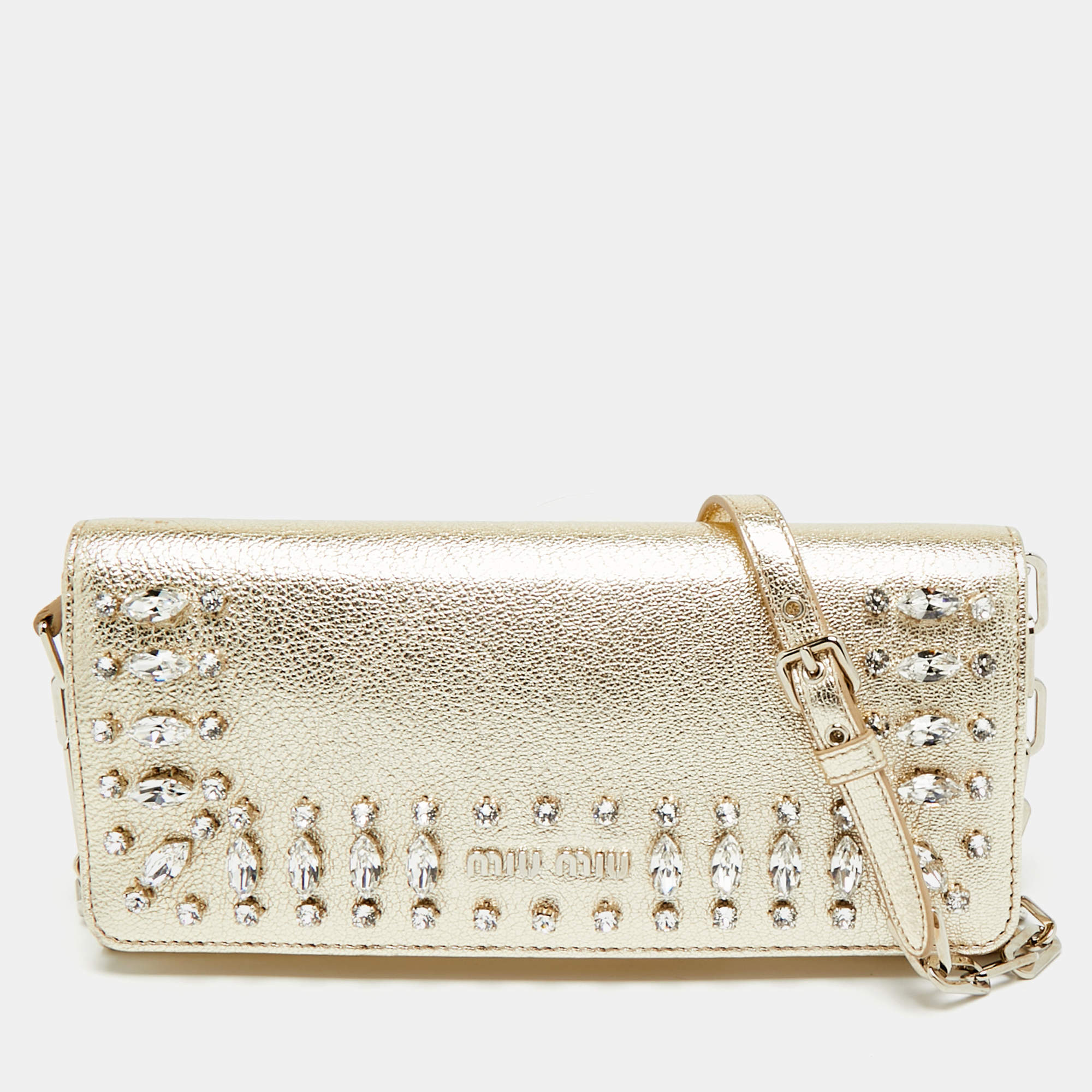Pre Owned Miu Miu Gold Madras Ricamo Leather Crystal Embellished Chain Clutch