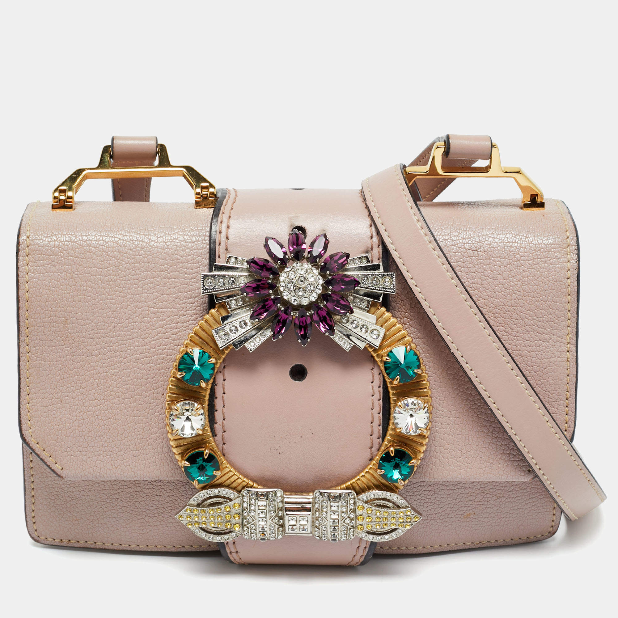 Pre Owned Miu Miu Pink Madras Leather Crystals Embellished Flap Shoulder Bag