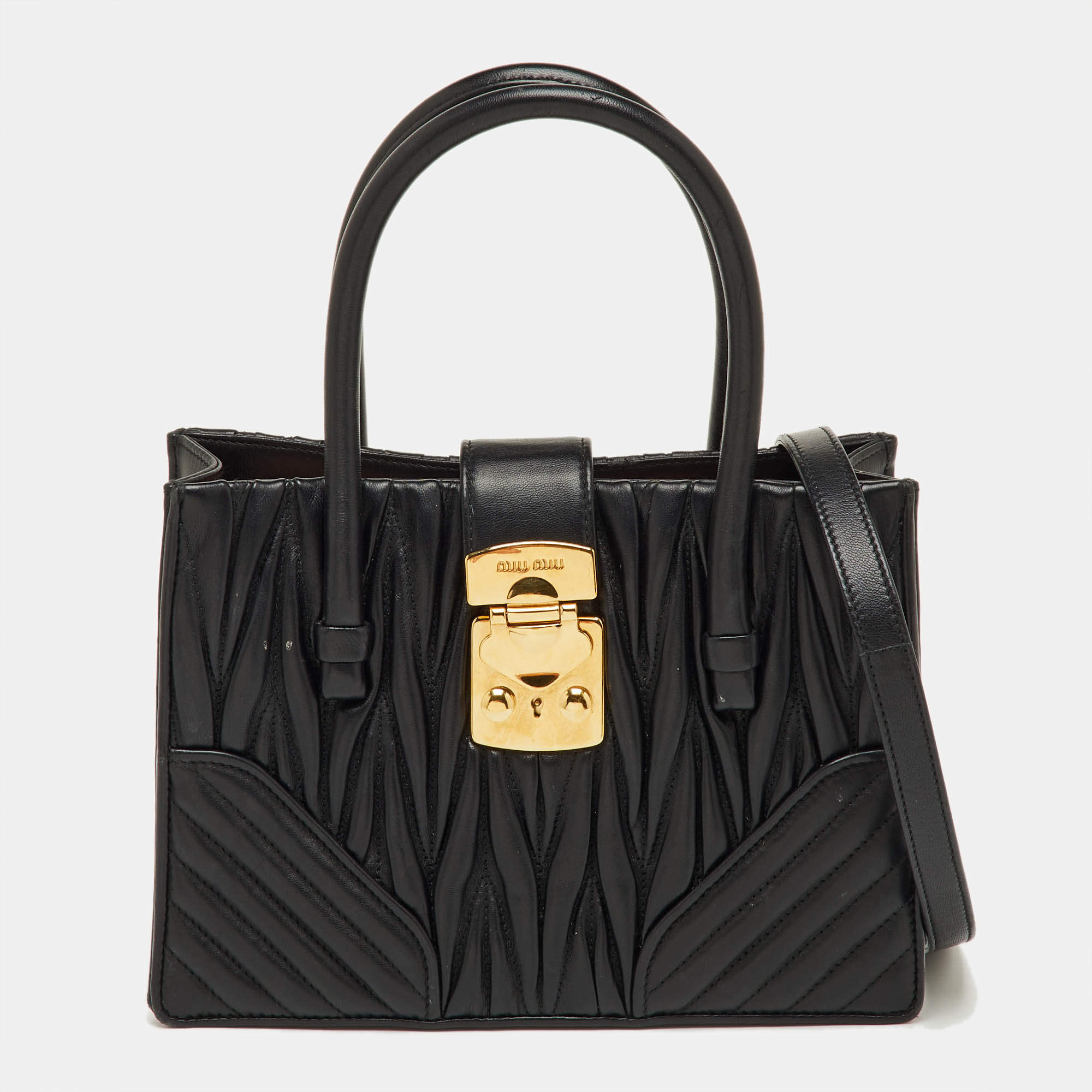 مملوكة مسبقًا Miu Miu Matelassé Push Lock Black Leather Tote