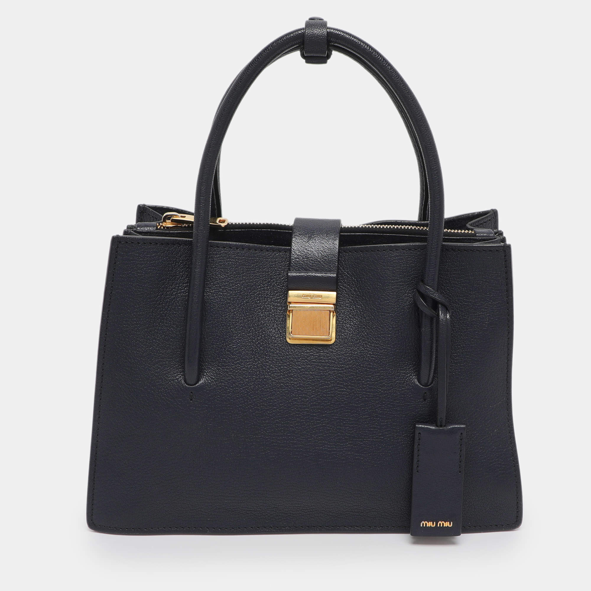 Pre Owned Miu Miu Push Lock Navy Blue Leather Satchel