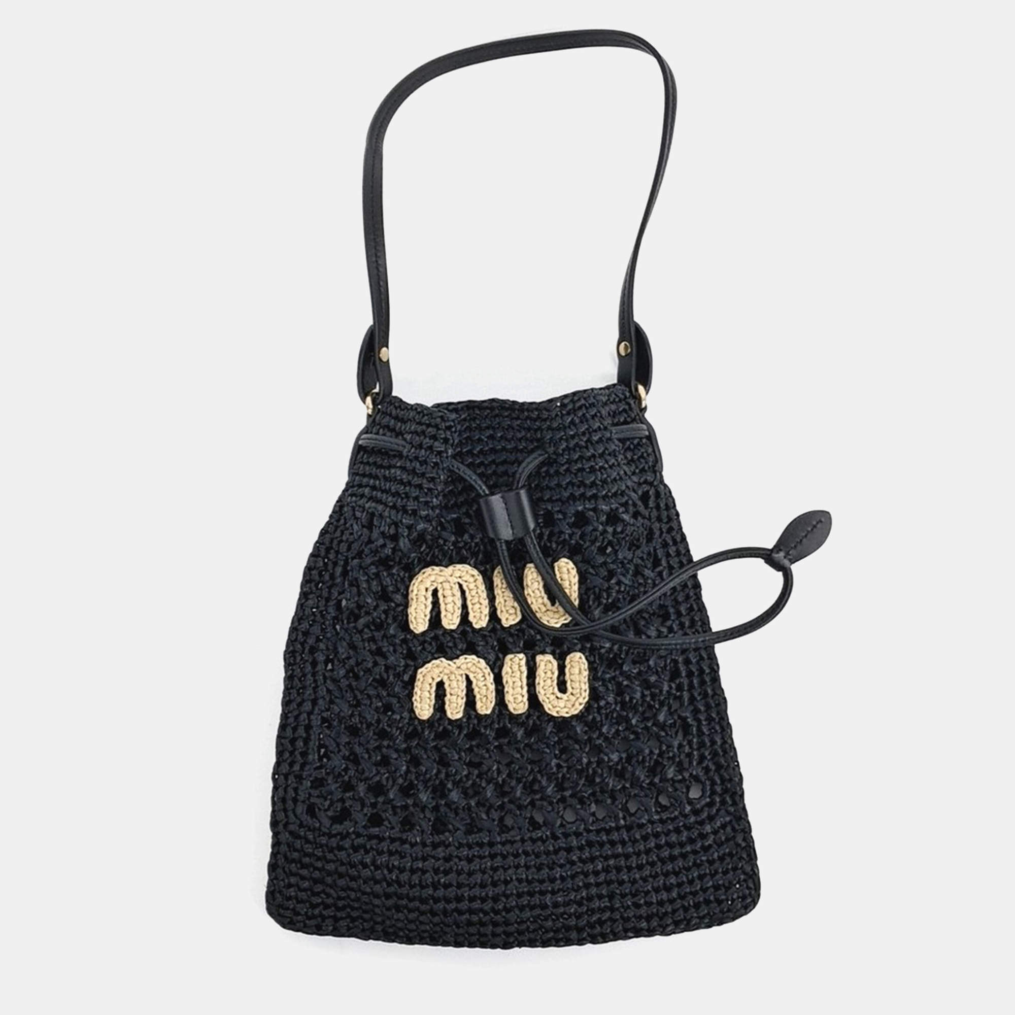 Pre Owned Miu Miu Black Leather and Raffia Woven Fabric Mini Bag