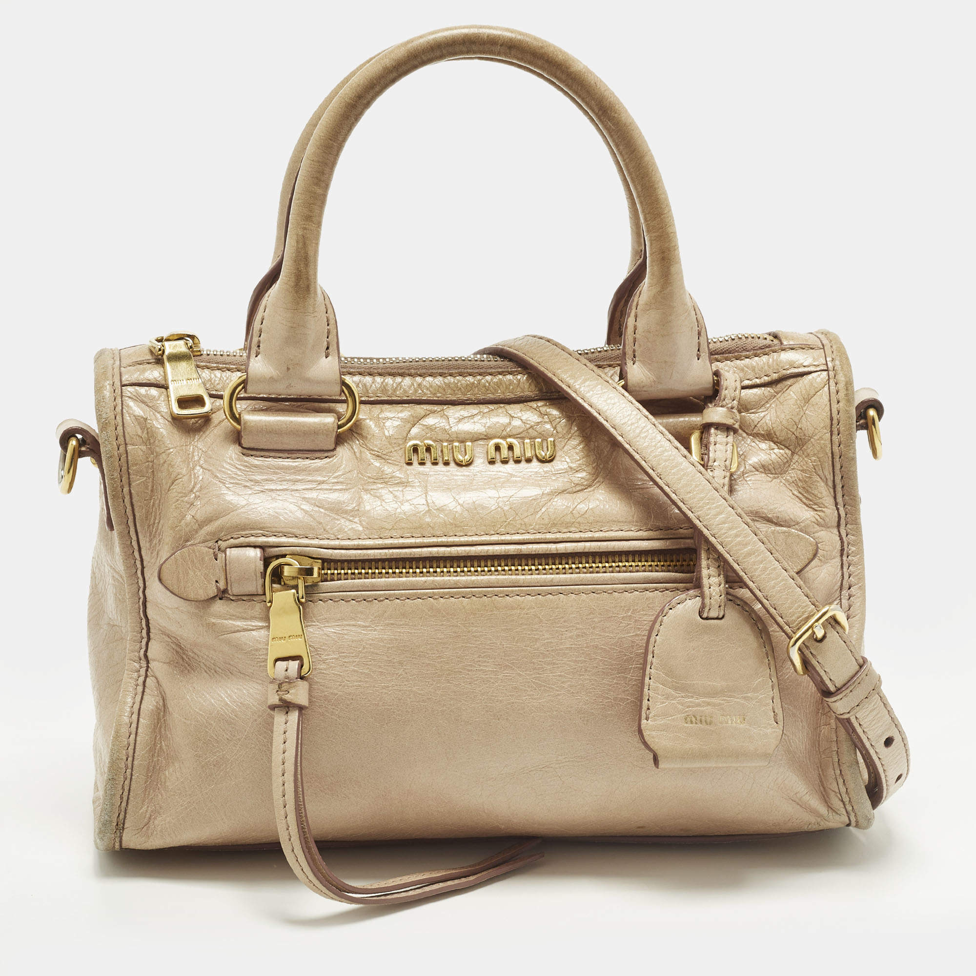 Pre Owned Miu Miu Bauletto Beige Vitello Shine Leather Satchel