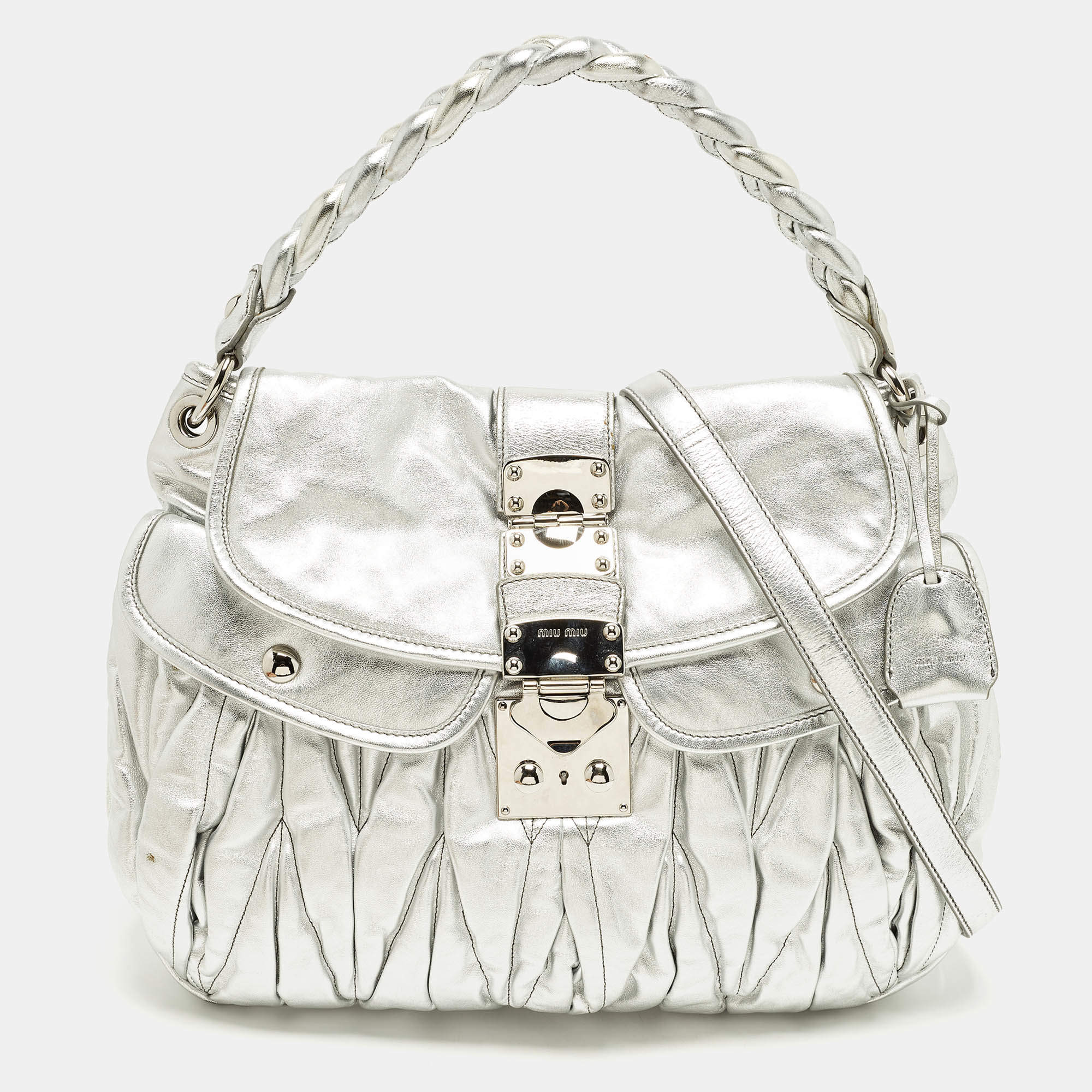 Pre Owned Miu Miu Coffer Silver Matelassé Leather Hobo