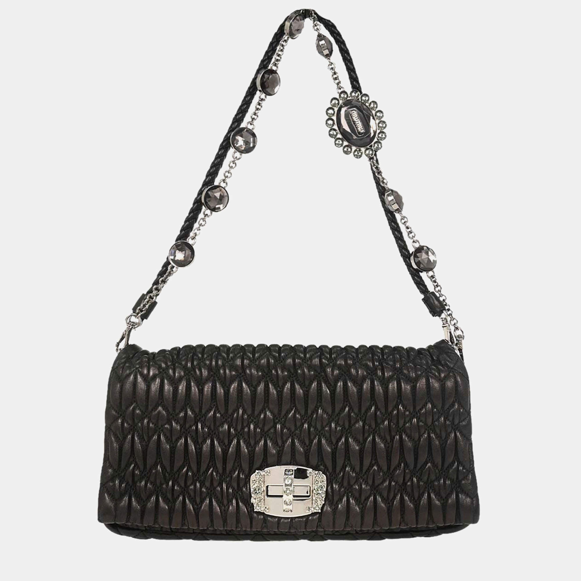 Pre Owned Miu Miu Black Lambskin Nappa Crystal Handbag
