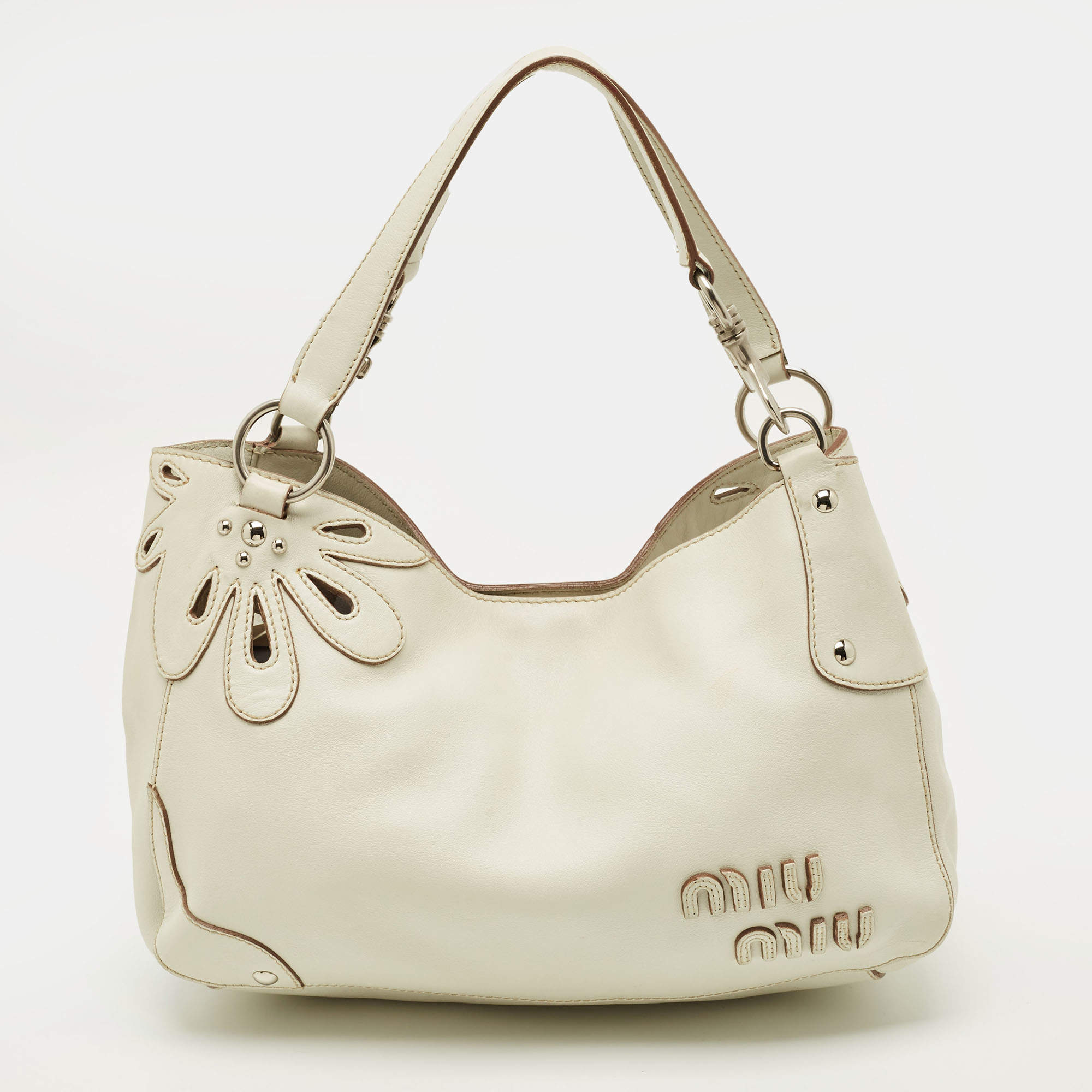 Pre Owned Miu Miu Floral Cut Off White Leather Hobo