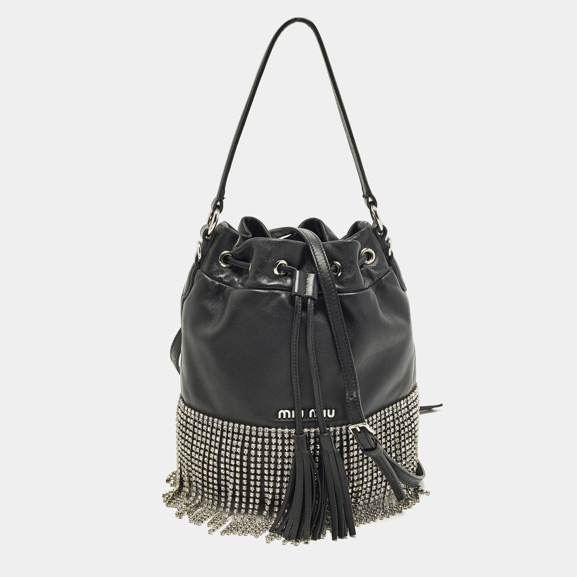 Pre Owned Miu Miu Crystal Fringe Black Leather Drawstring Bucket Bag