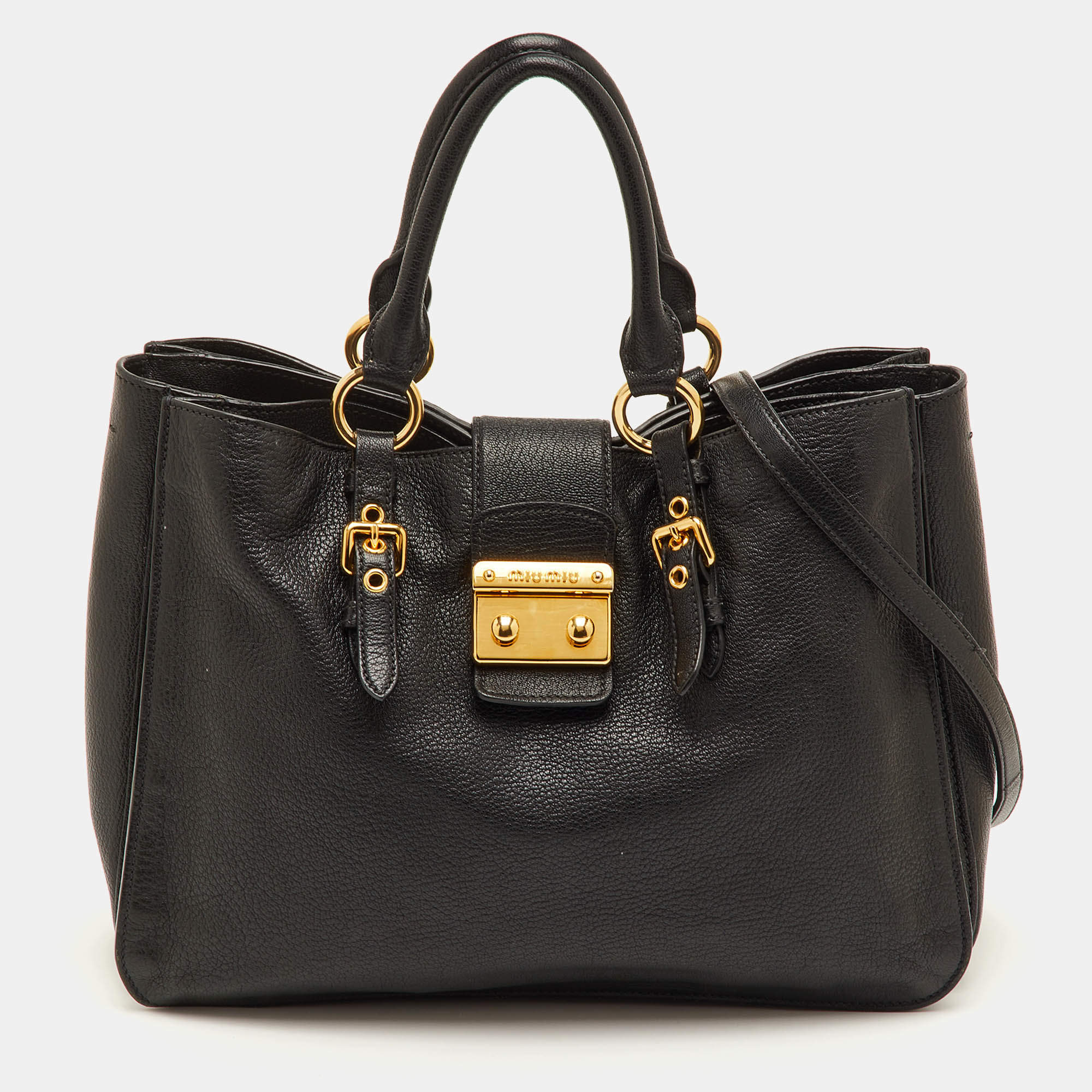 مملوكة مسبقًا Miu Miu Pushlock Black Madras Leather Tote