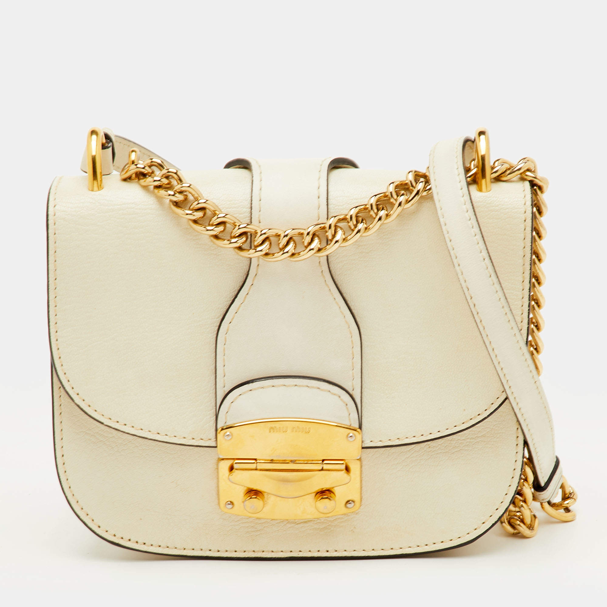 Pre Owned Miu Miu Pushlock Off White Madras Leather Crossbody Bag