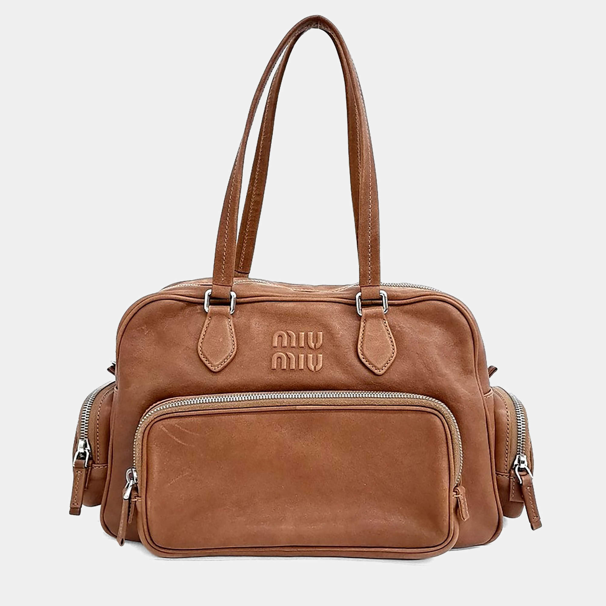 Pre Owned Miu Miu Brown Leather Napa Top Handle Pocket Bag