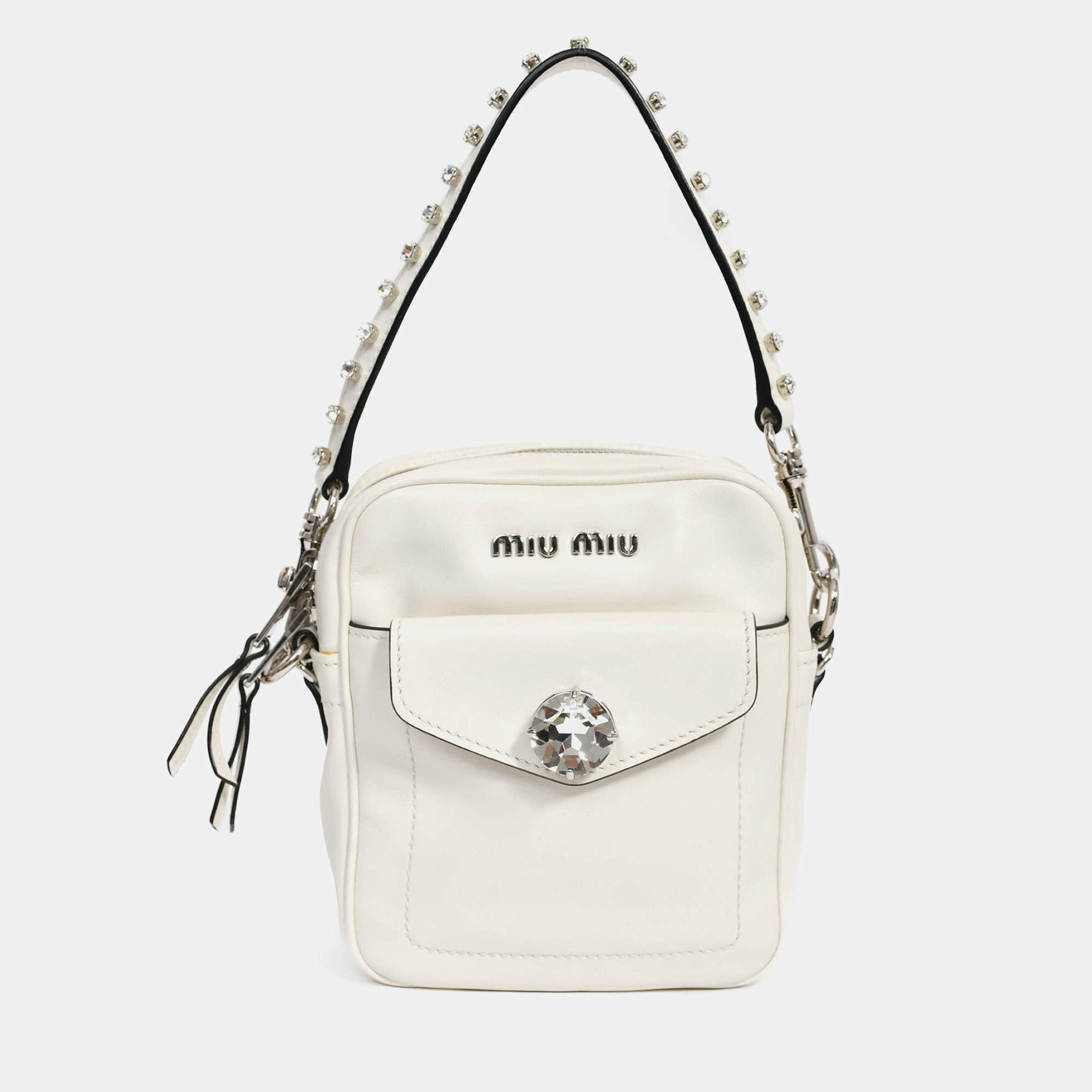 مملوكة مسبقًا Miu Miu White Leather Crystal Embellished Top Handle