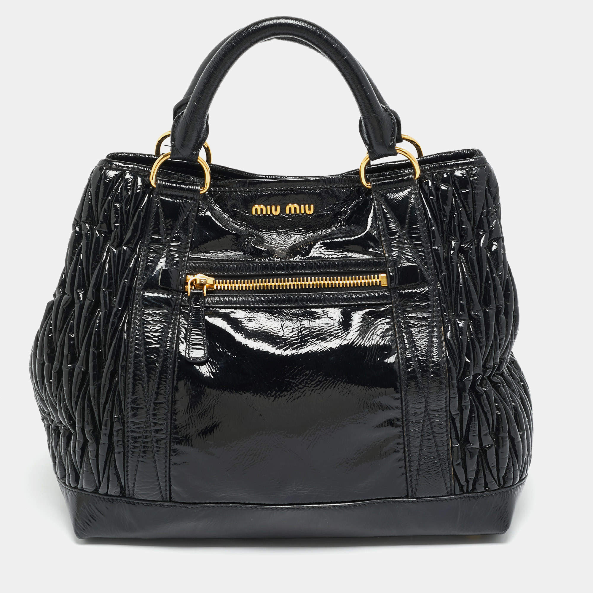 Pre Owned Miu Miu Black Matelassé Patent Leather Tote