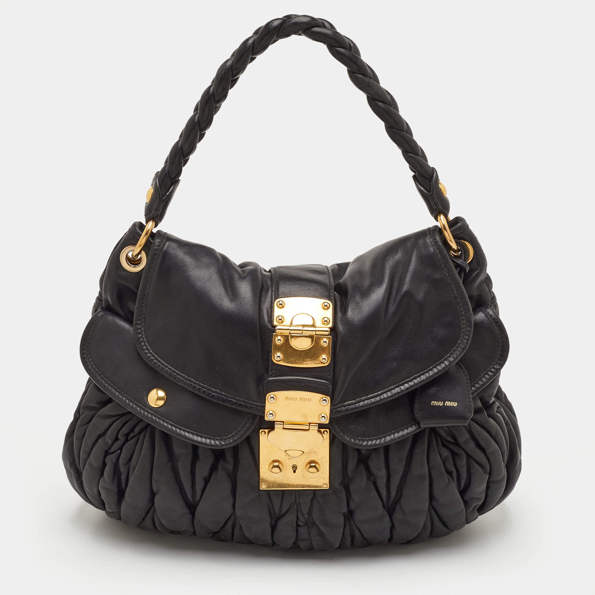 مملوكة م سبقًا حقيبة يد هوبيو ميو ميو كوفر جلد ماتيلاسيه كحلي فاخر صغيرة