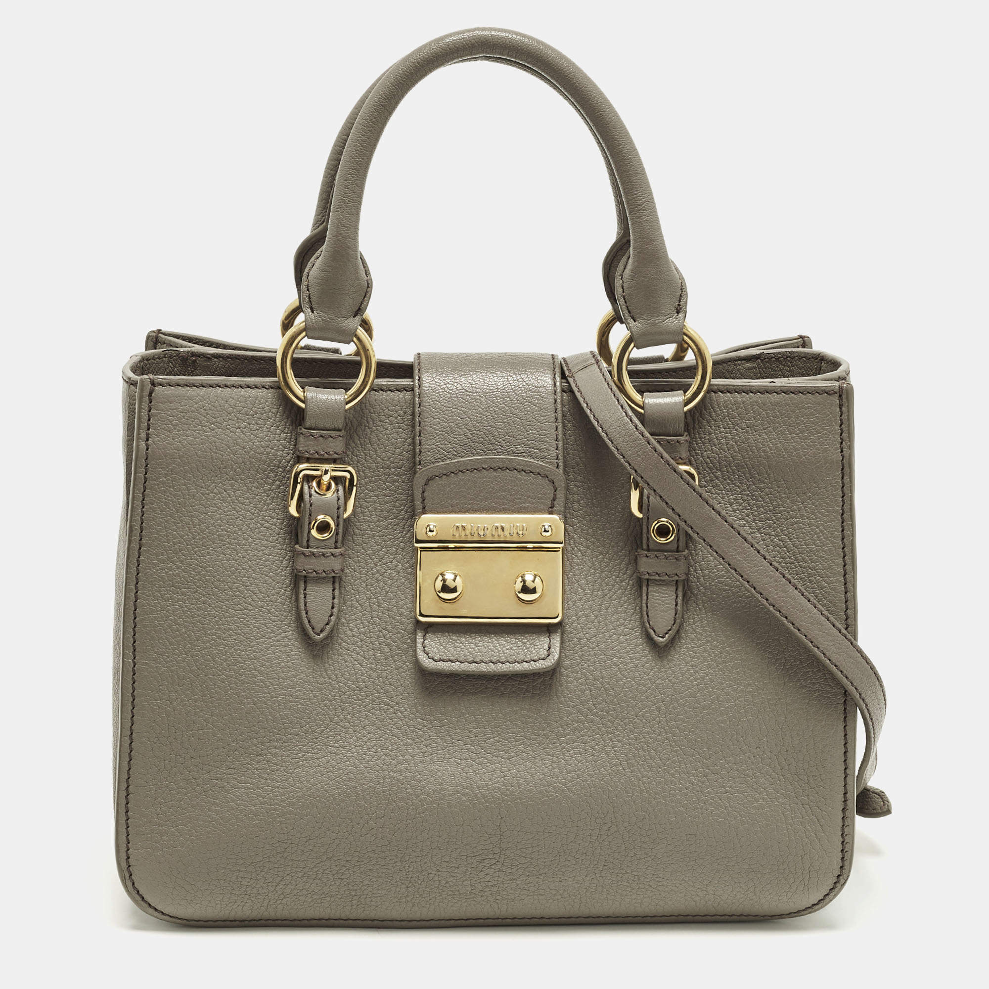 مملوكة مسبقًا Miu Miu Pushlock Grey Madras Leather Tote