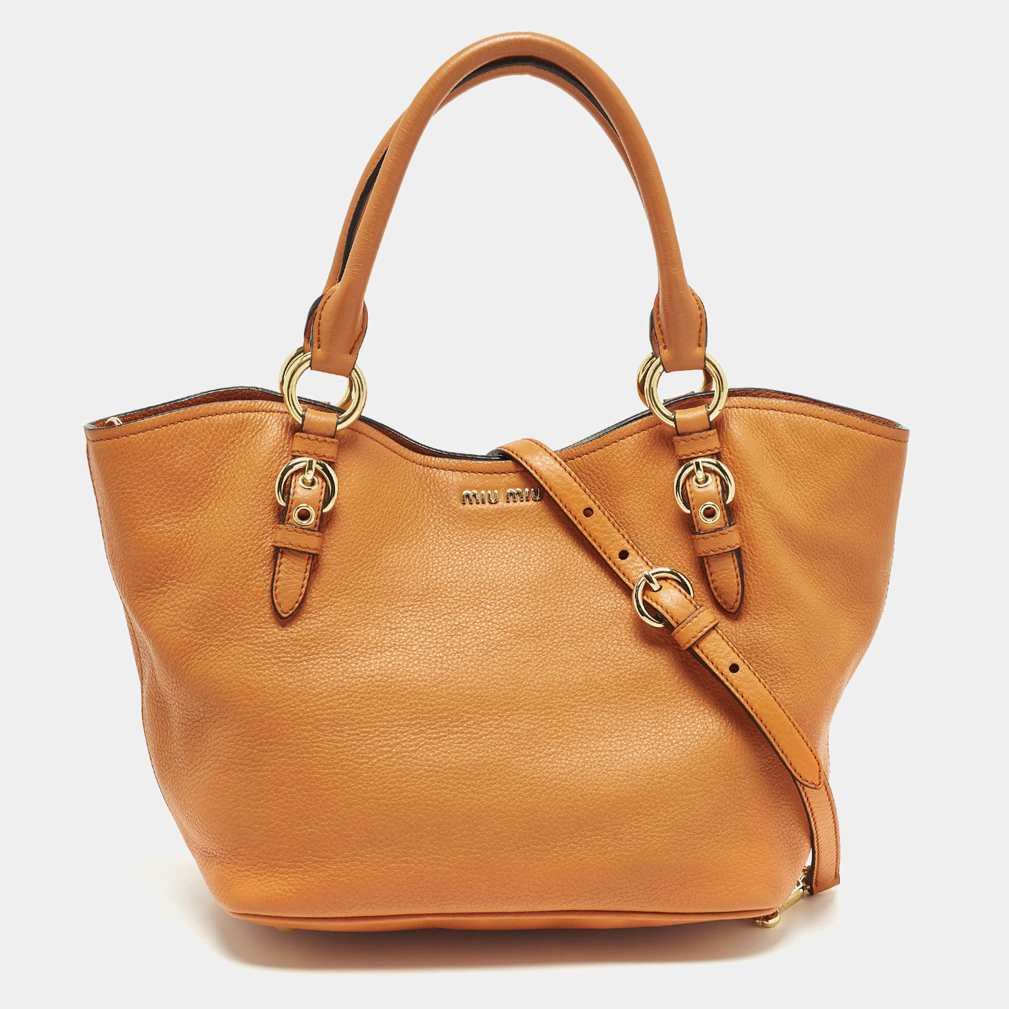 Pre Owned Miu Miu Orange Leather Open Shopper Tote