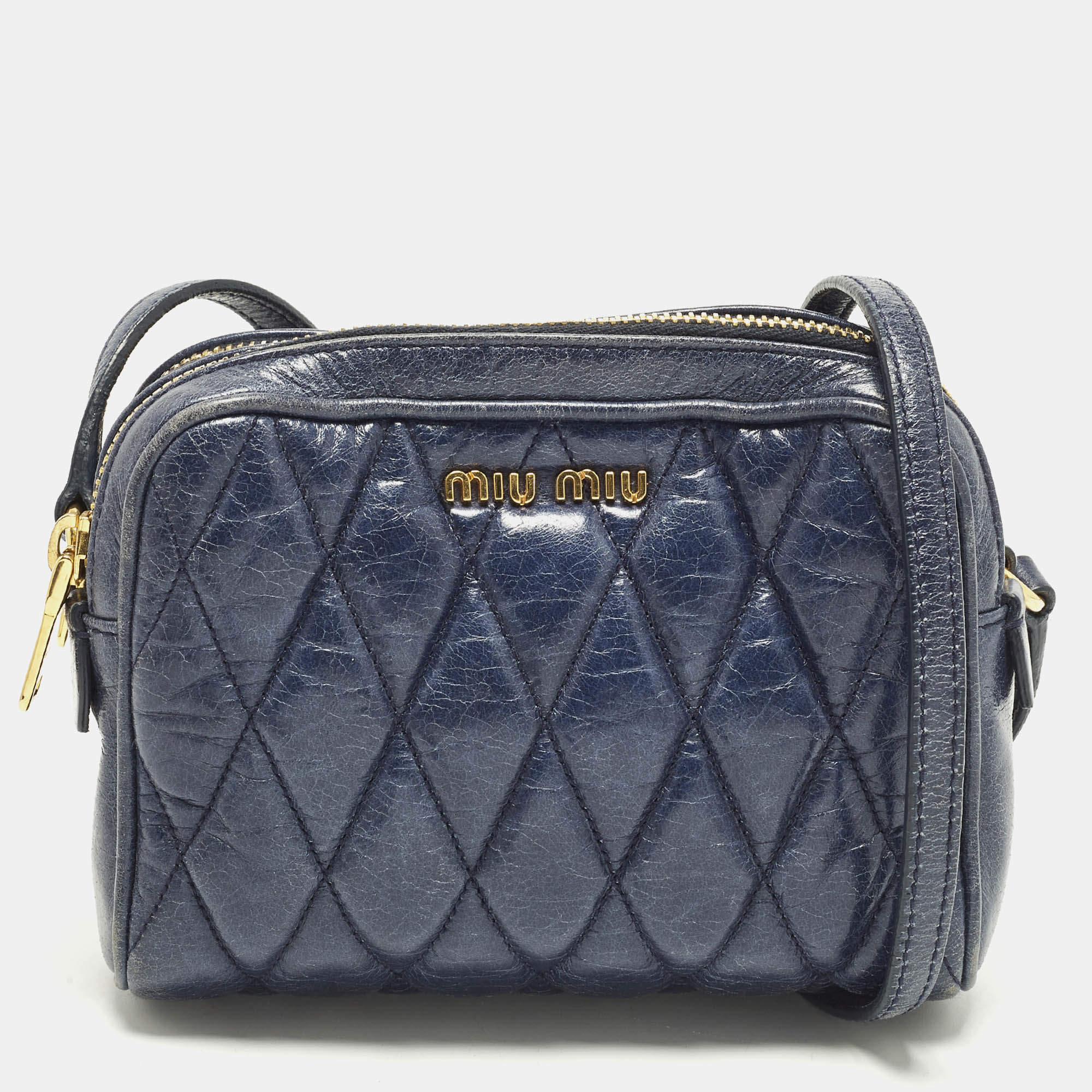 Pre Owned Miu Miu Navy Double Zip Navy Blue Matelassé Leather Crossbody Bag