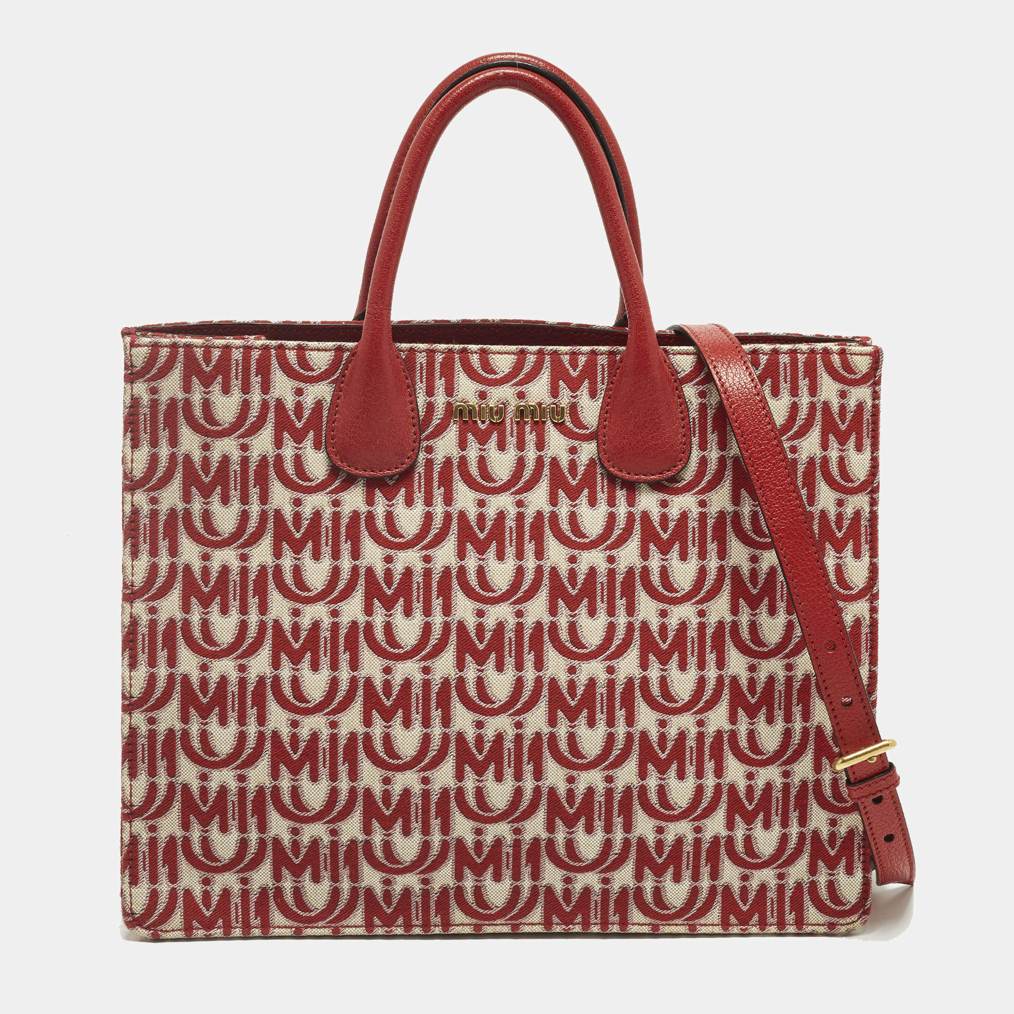 Pre Owned Miu Miu Red Signature Jacquard and Leather Tote