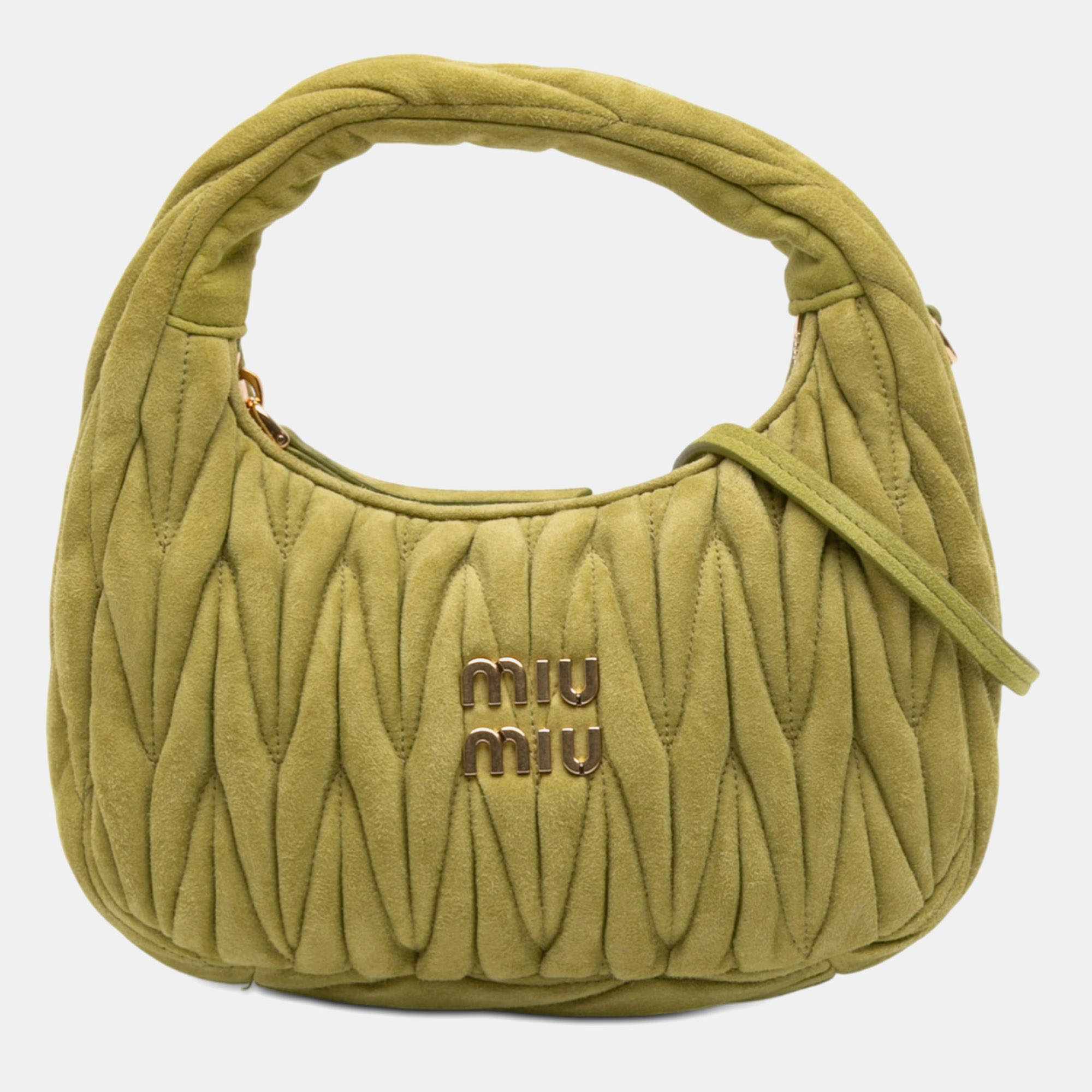 Pre Owned Miu Miu Green Mini Matelasse Suede Wander Bag