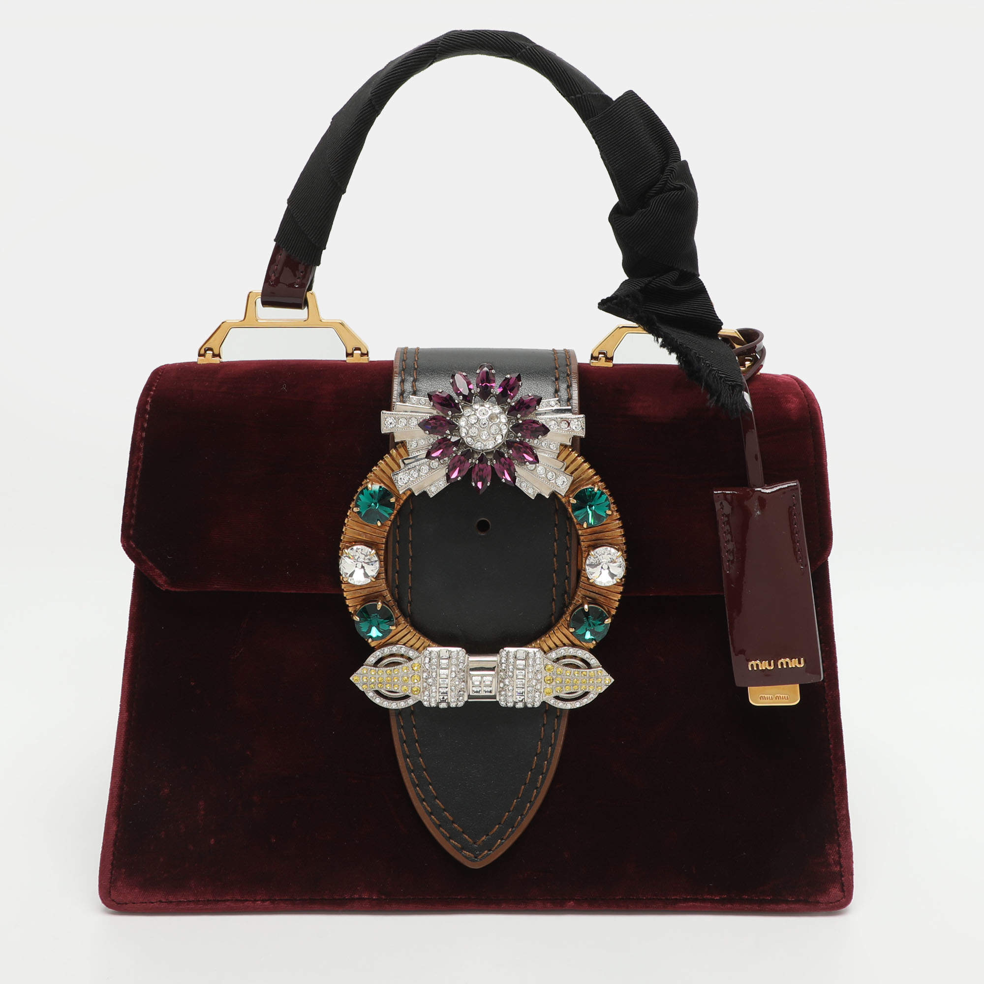 Pre Owned Miu Miu Burgundy Velvet and Patent Leather Crystal Embellished Flap Top Handle Bag