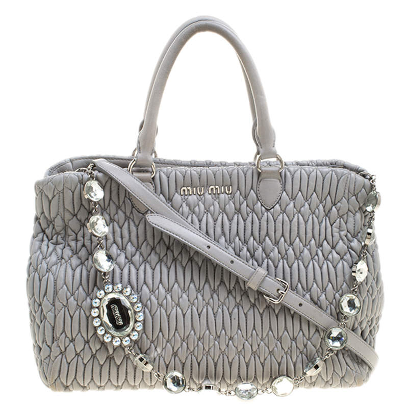 Miu Miu Grey Matelassé Nappa Leather Crystal Tote