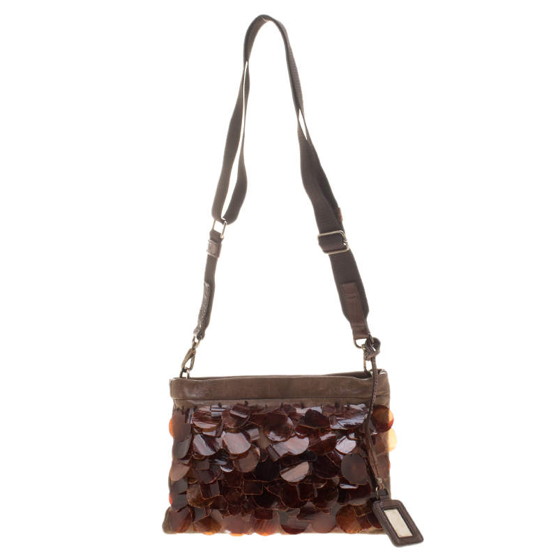 Miu Miu Brown Leather Windowpane Shell embellished Crossbody Bag