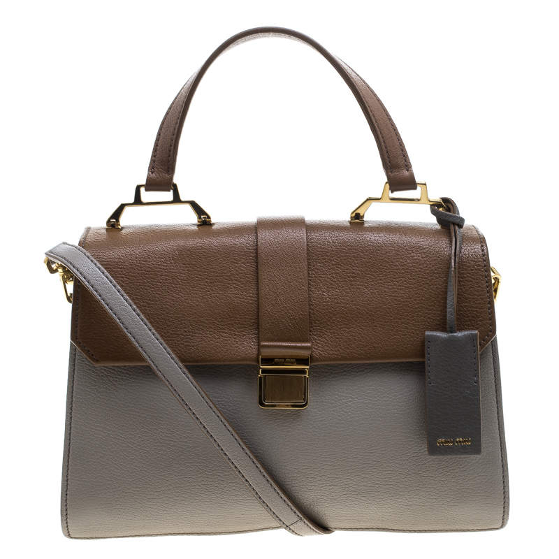 Pre Owned Miu Miu Grey/Brown Madras Leather Shoulder Bag
