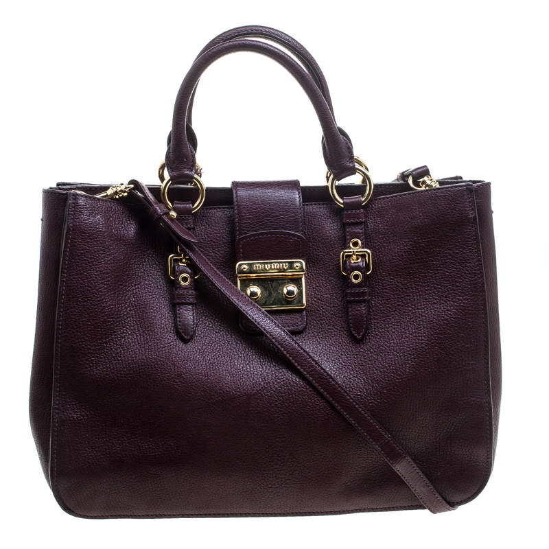 Pre Owned Miu Miu Burgundy Leather Madras Executive Tote