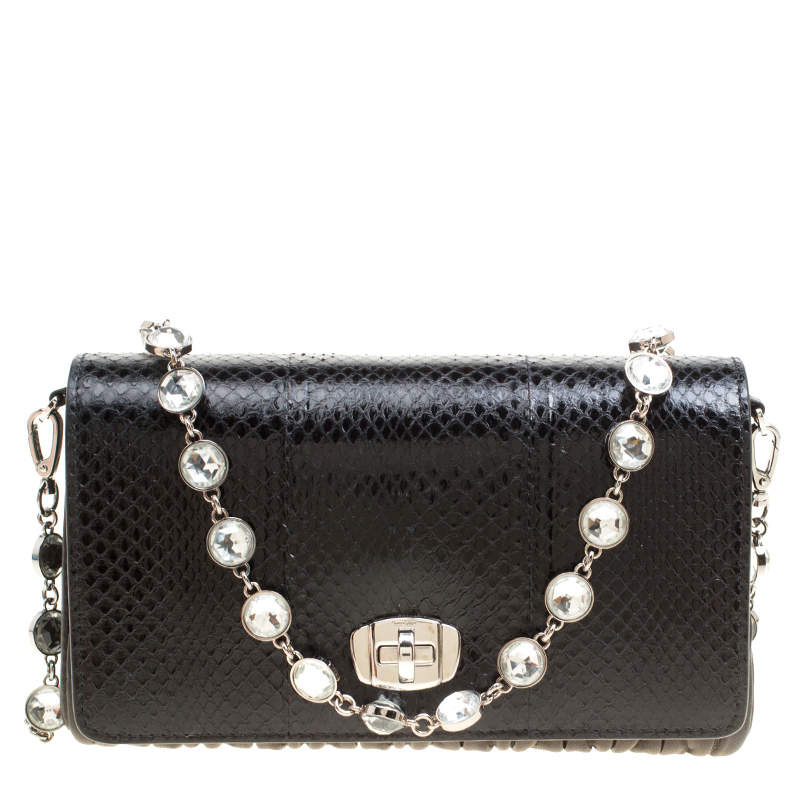 Pre Owned Miu Miu Black Leather and Snakeskin Crystal Clutch 