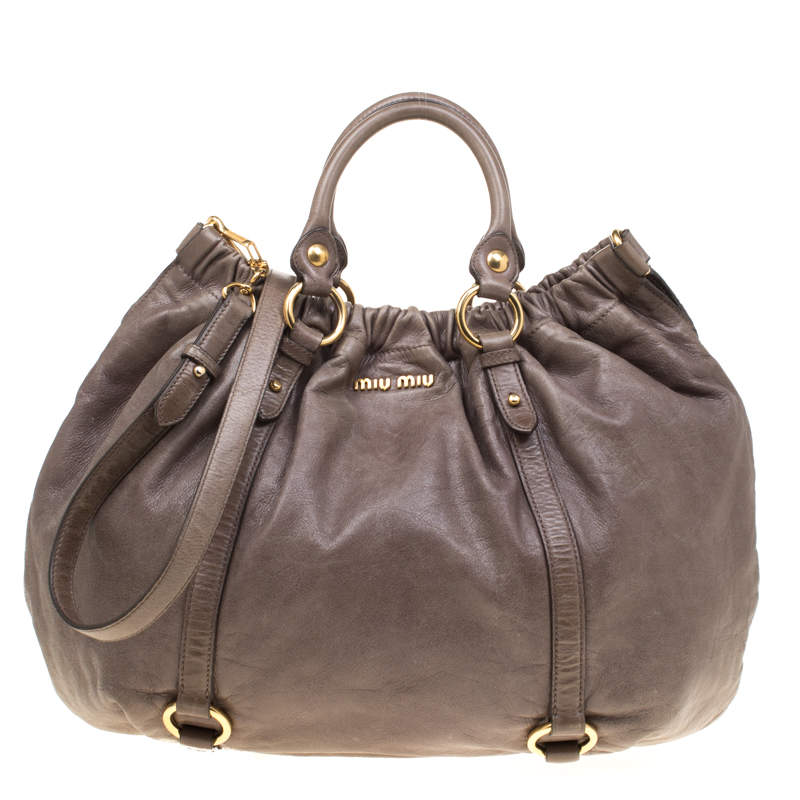 Pre Owned Miu Miu Taupe Vitello Lux Leather Gathered Hobo