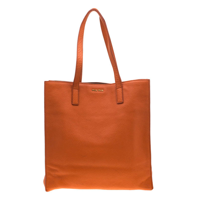 Pre Owned Miu Miu Orange Vitello Diano Leather Shopper Tote 